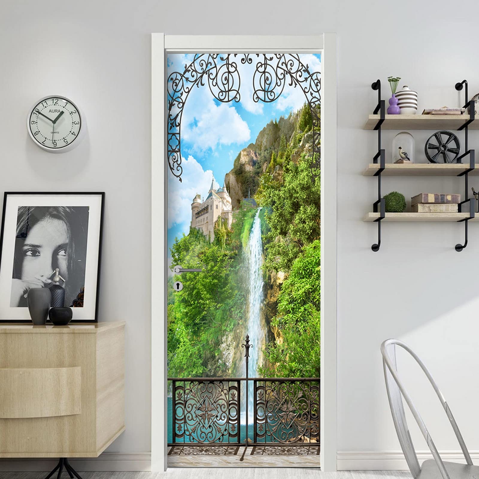 A.Monamour Croatia Plitvice Lakes Deep Forest Stream Clear Water Boardwalk in Park Nature Landscape Print Vinyl Room Door Decals Wallpaper Wall Murals Removable Door Stickers Posters Art Decors