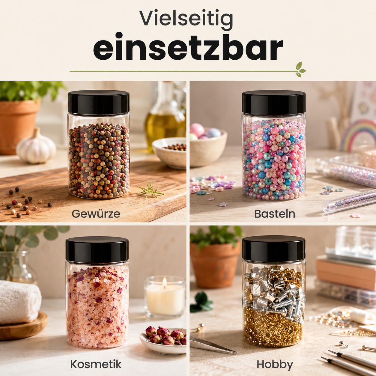 POSH Barattoli ermetici, 100 x 1 l, in PET per uso alimentare, con coperchio a vite nero, contenitori in plastica trasparente con coperchio, per farina, caffè, tè, barattolo rotondo in plastica
