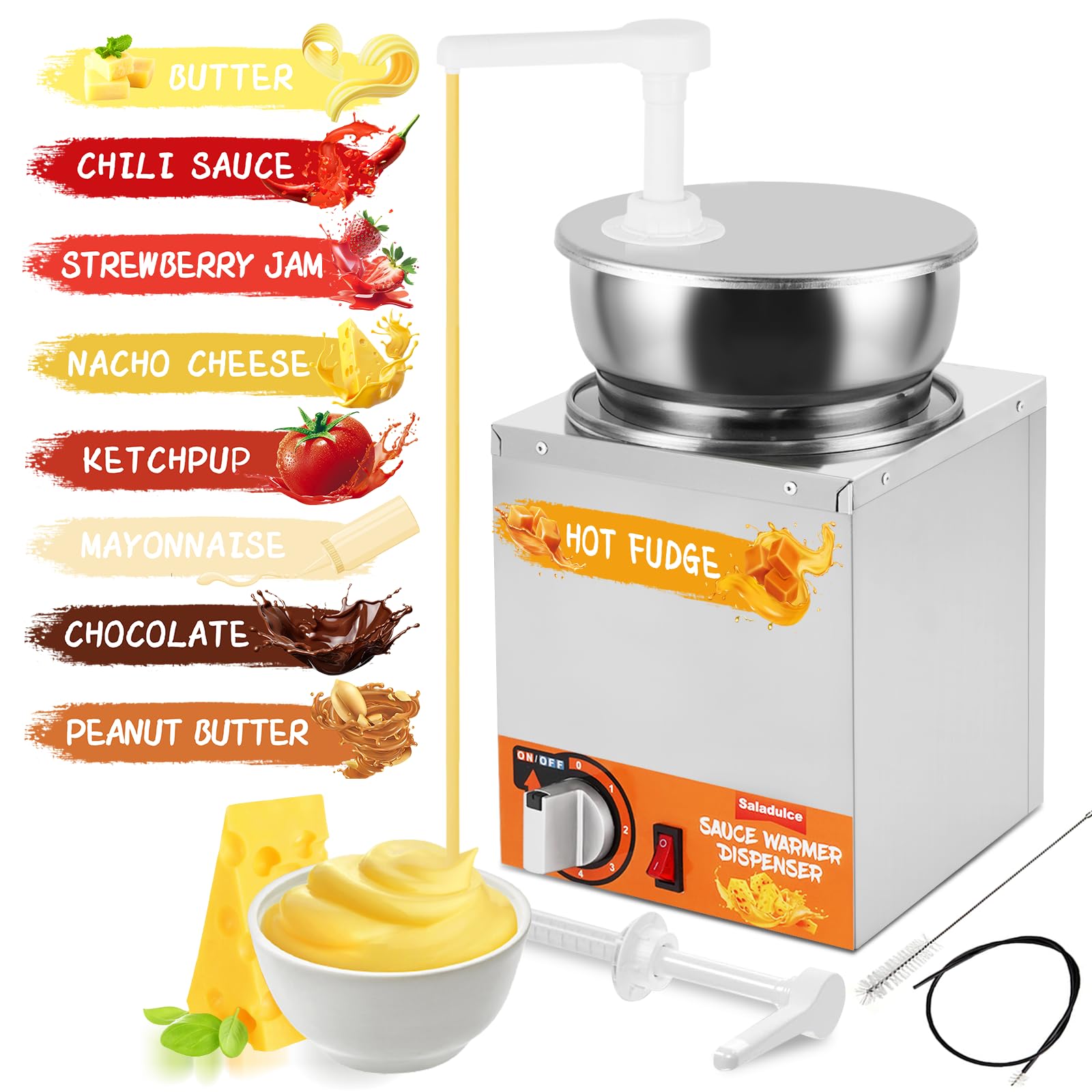 Photo 1 of Saladulce Nacho Cheese Dispenser with Pumps, Nacho Cheese Warmer Hot Fudge Dispenser Warmer 5-Level Insulated Pump Dispenser for Sauce Cheese Fudge Caramel (4.2Quarts)