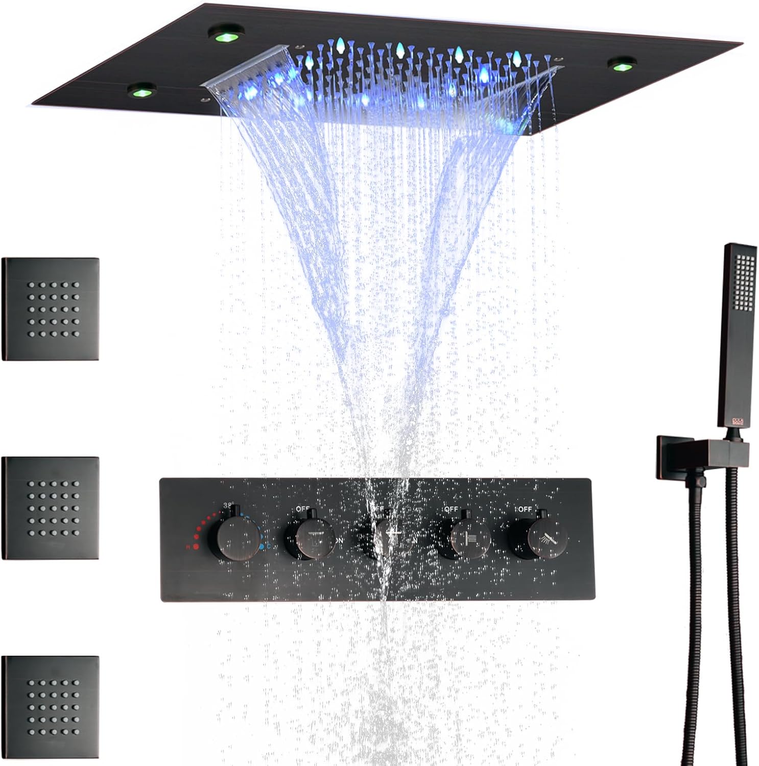 Brushed Gold Thermostatic Rain Shower System 14 X 20 Inch LED Waterfall Rainfall Shower Head Bath Mixer Faucet Set Body Sprayer Jet (Oil Rubbed Bronze)
