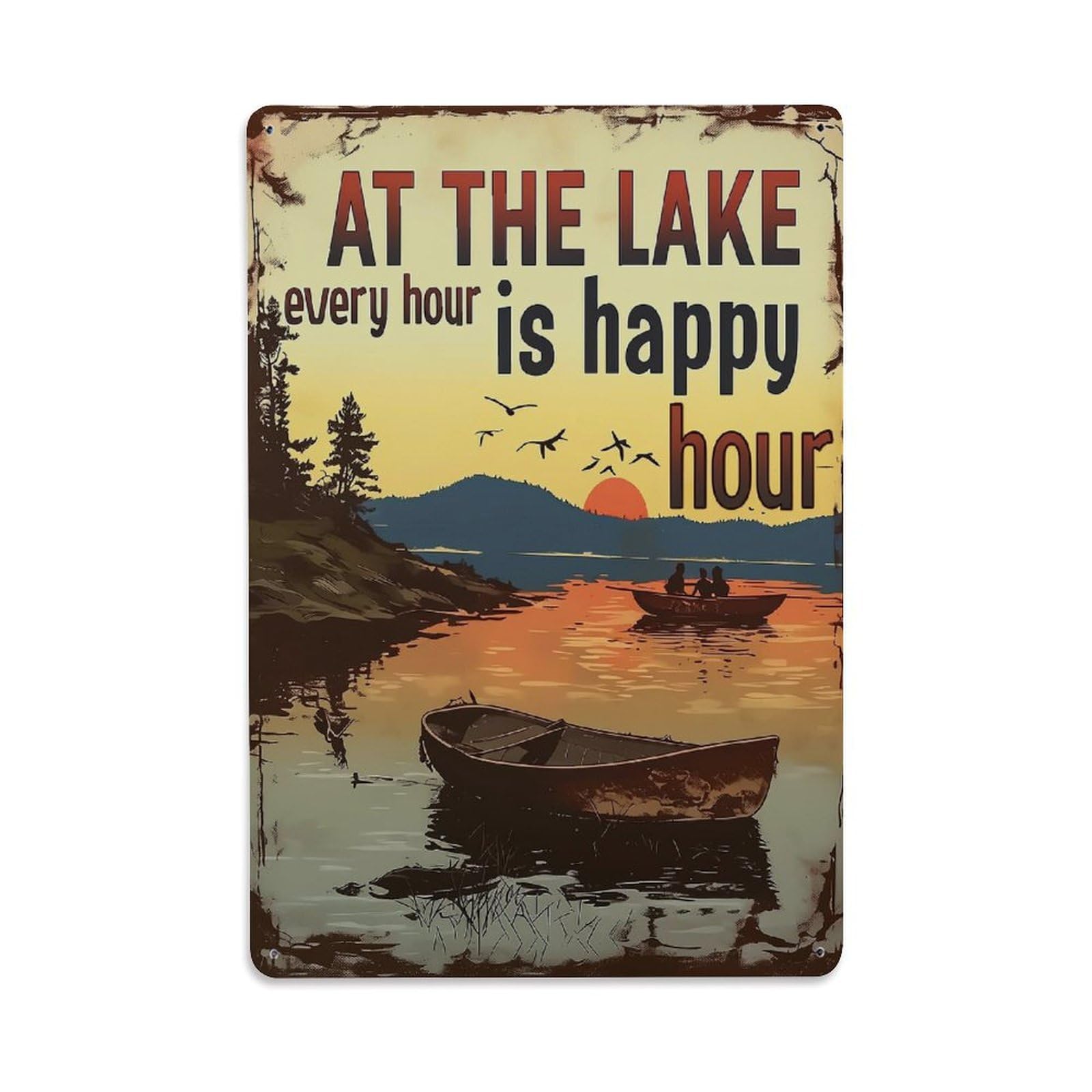 Jdfenggu Vintage Lake Sunset Boat People Birds Retro Metal Tin Sign, Decor Art Poster For Bar, Home, Man Cave, Kitchen, Laundry Room Gift 8X12inch