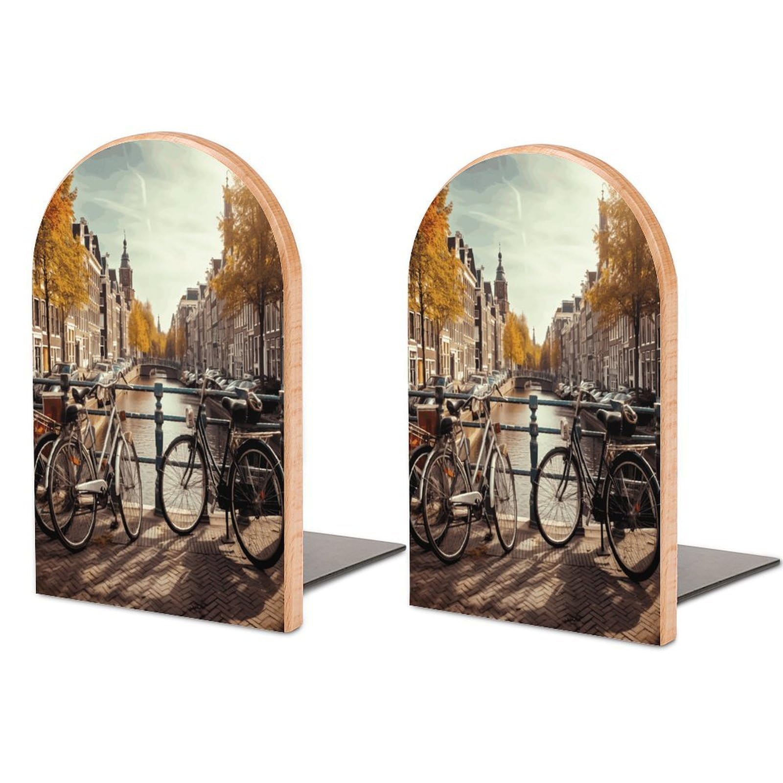 Bicycles in Amsterdam Bookends for Shelves Non Skid Book Stoppers Universal Economy Bookend Heavy Duty Wood Book End Decorative Book Shelf Holder for Home Office Desk 1 Pair