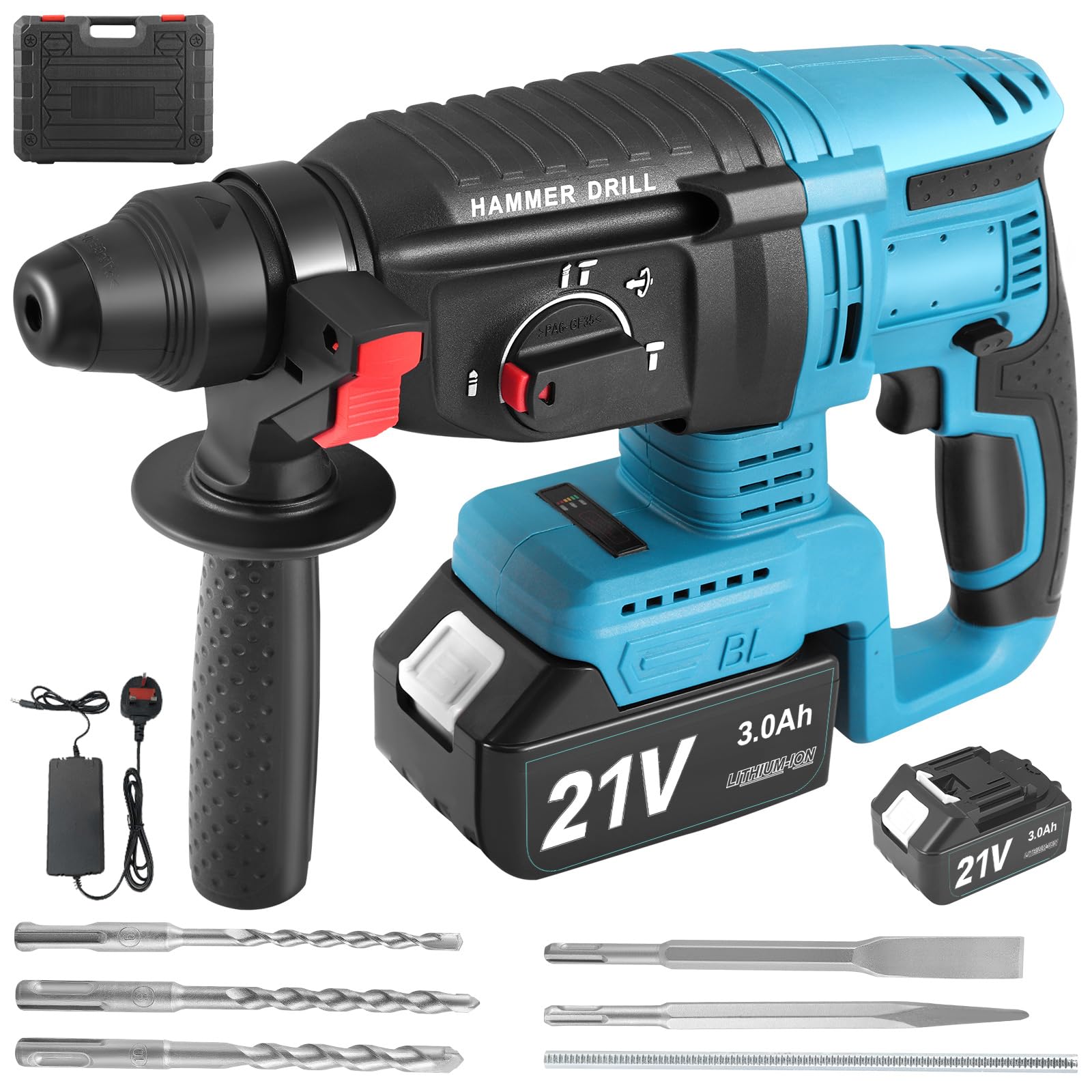 Cordless SDS Plus Hammer Drill Brushless Motor 1500W 21V 3000mAh Battery, 4-in-1 26mm Hammer Drill with 360° Rotating Handle, Variable Speed & 5 Drills for Concrete Metal Wood
