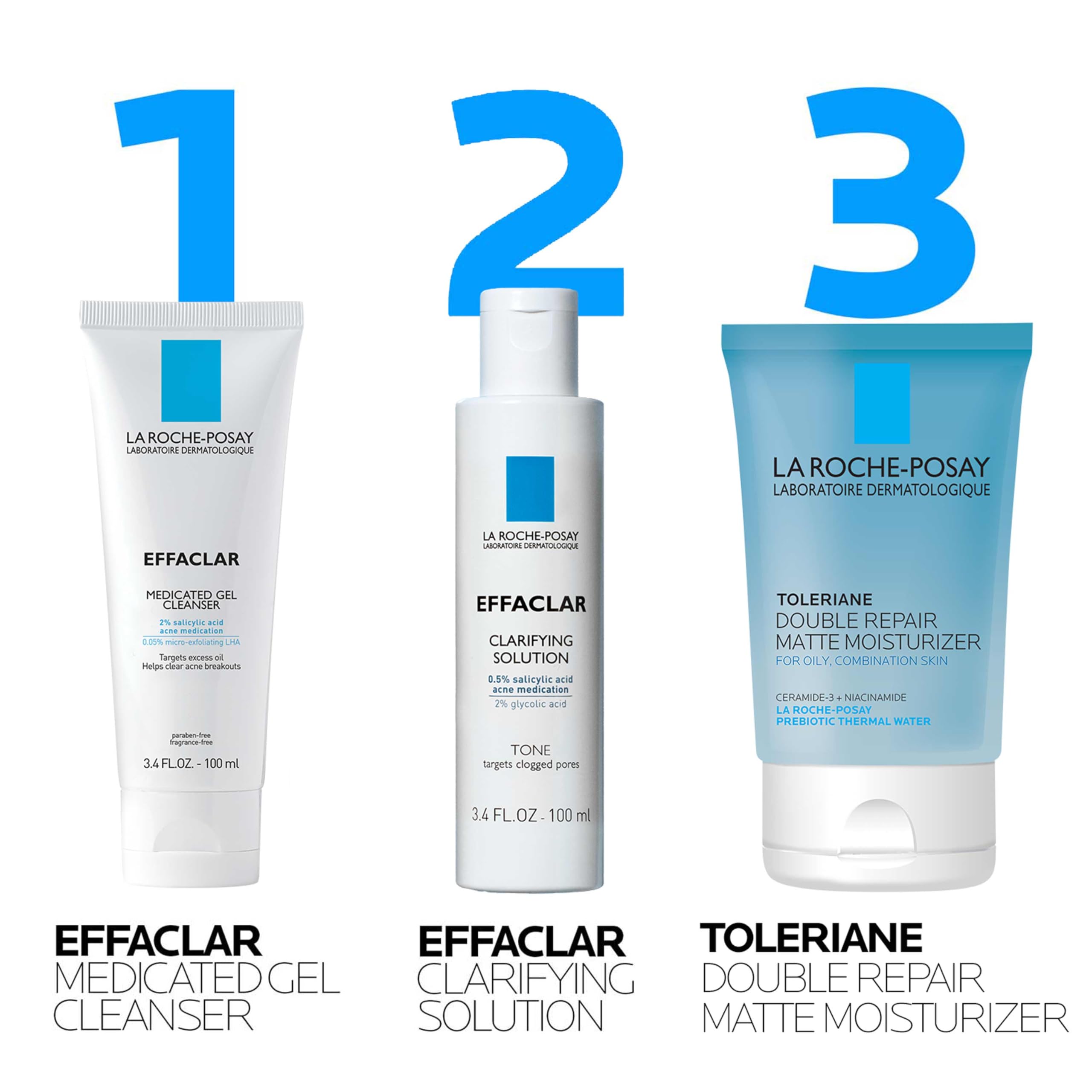 Effaclar Daily Acne Essentials Kit, Acne Treatment System, Salicylic Acid Acne Cleanser, Pore Refining Toner, & Matte Face Moisturizer for Oily Skin & Combination Skin, Oil-Free, 2 Month Supply