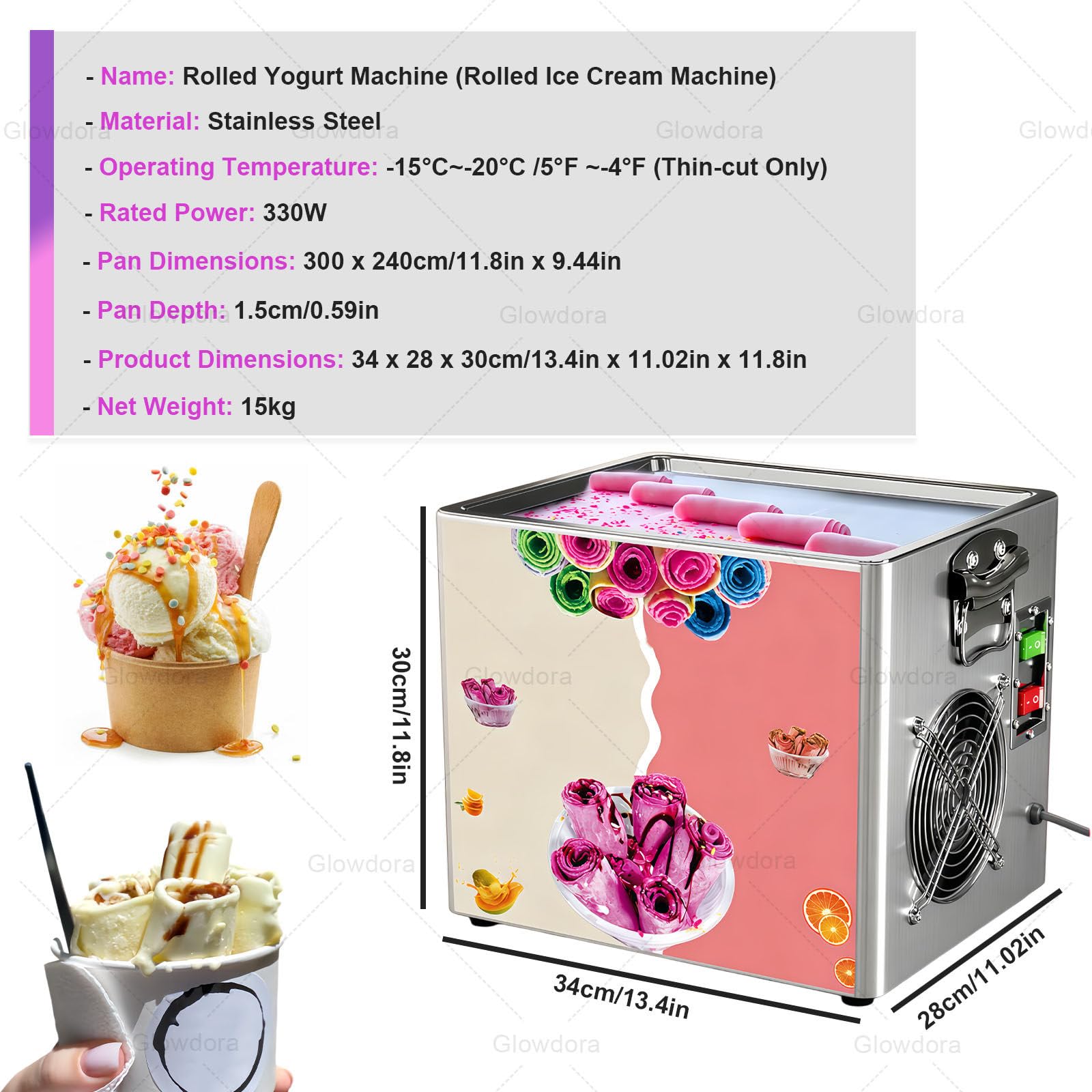 Macchina Professionale Elettrica da Banco in Acciaio Inox per Gelato Arrotolato (Fried Ice Cream), Yogurt E Smoothie, per Negozi, Bar, Ristoranti E Uso Domestico
