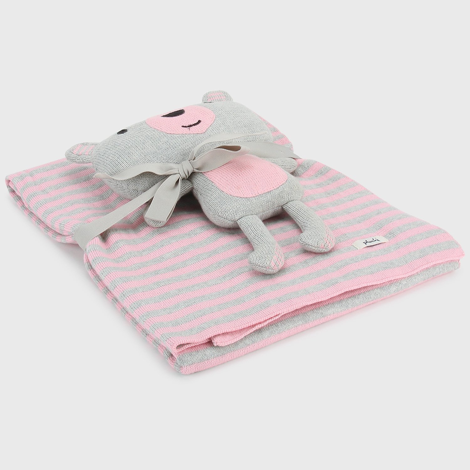 PluchiKnitted Toy & Blanket Set - Light Pink/ Vanilla/Grey Melange, Set Of 1