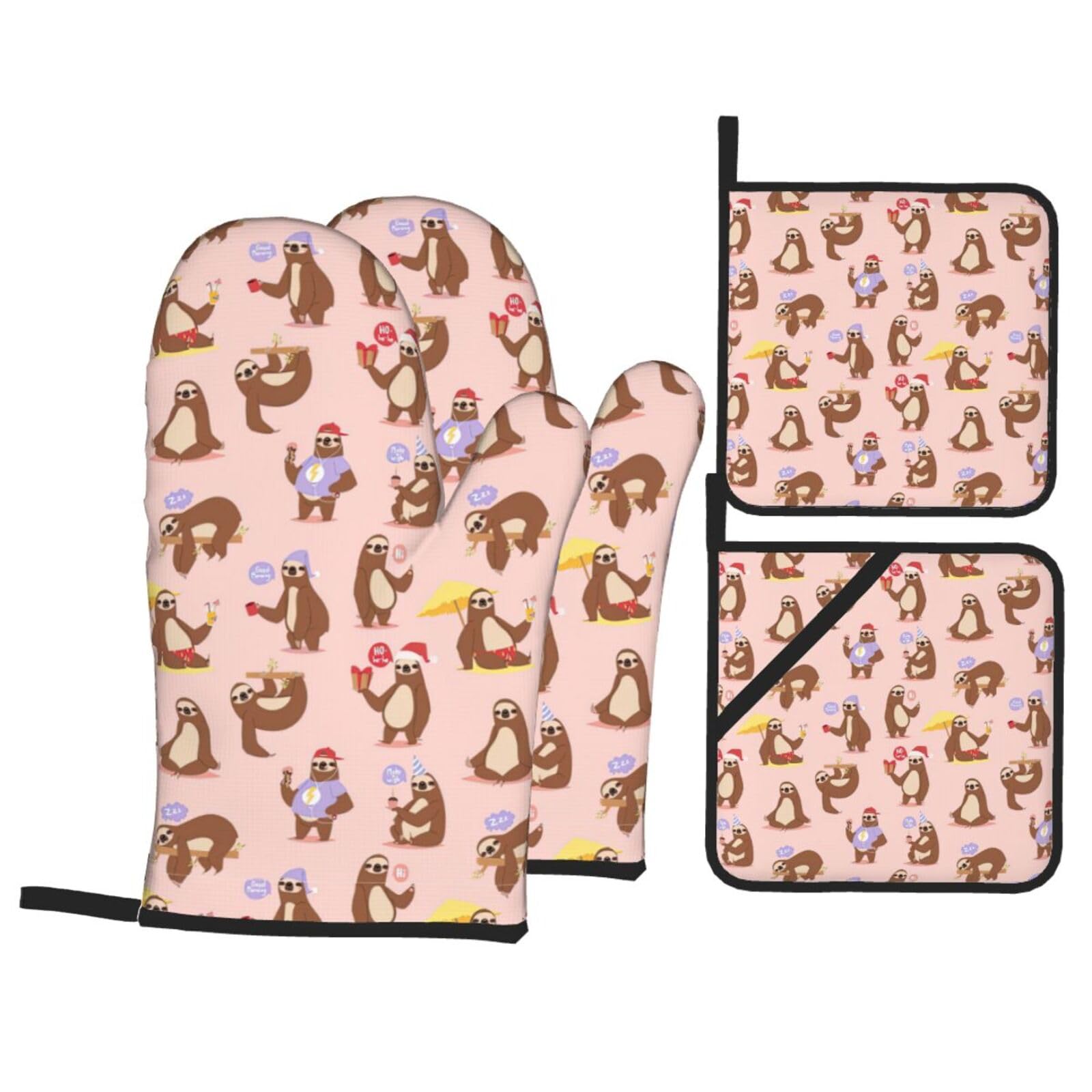 Cute Sloth Print Kitchen Oven Mitts And Pot Holders Set,Hanging Loop Design For Cooking Baking Bbq