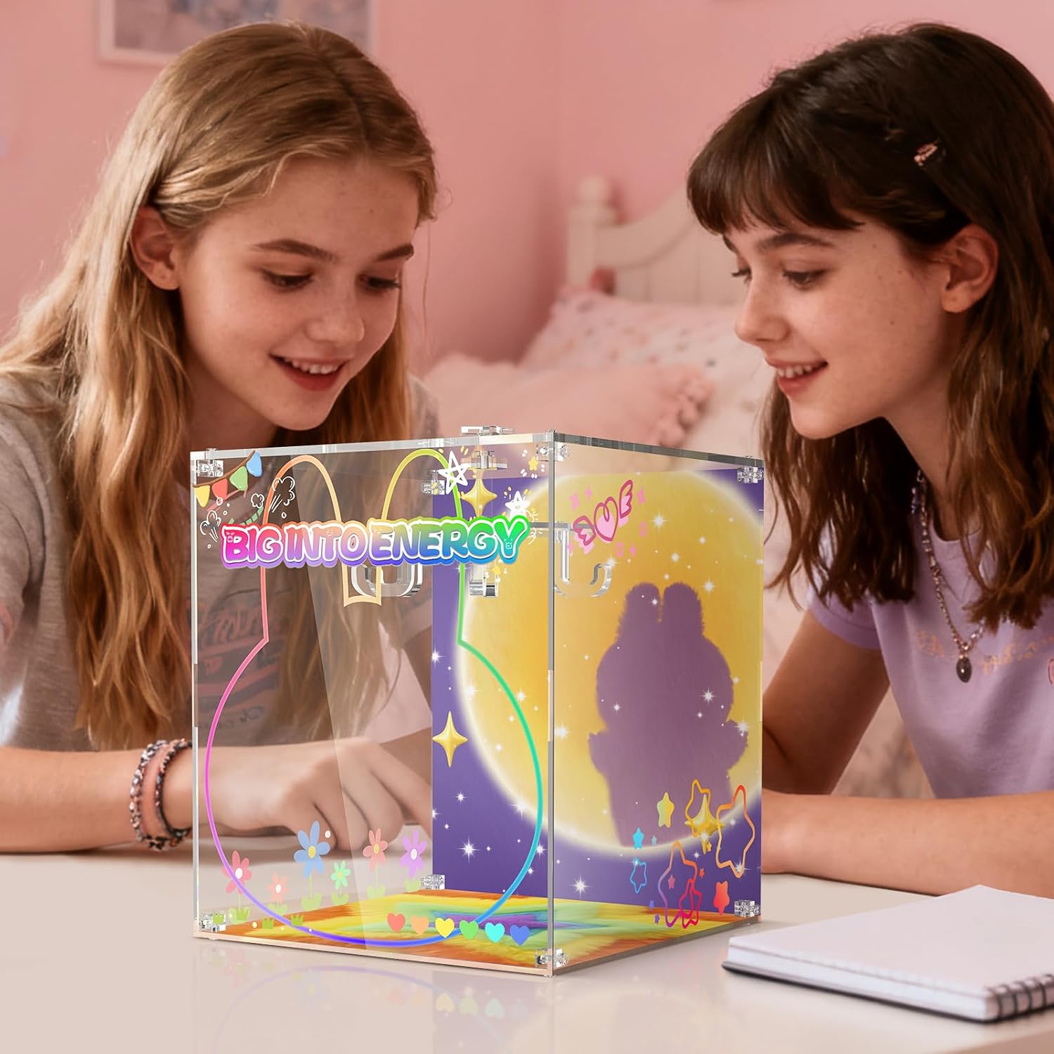 Rotating Display Case Compatible with Plush Doll, Acrylic Display Box for Collectible Figures, Holds up to 6pcs, Display Stand with Magnetic Door, Storage Case with Printed Backdrop, Gift for Fans