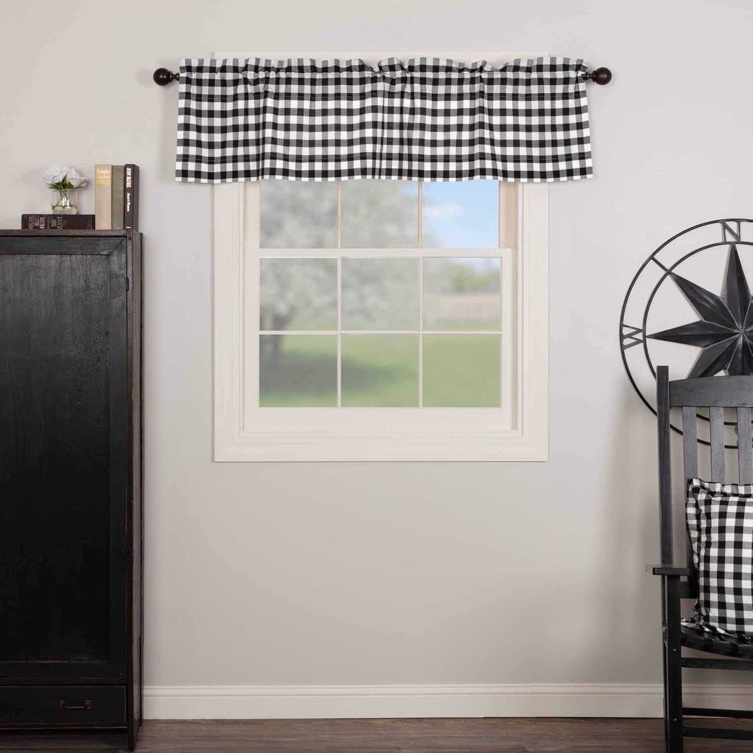 VHC Brands Annie Buffalo Check Curtain Valance, Black, 16x60