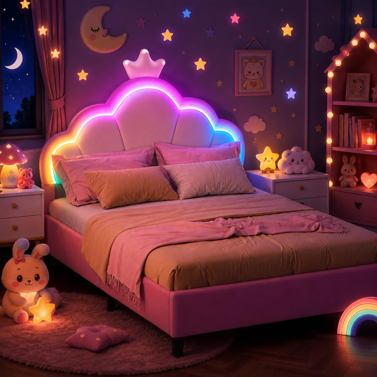 Letto per bambini imbottito 140 x 190 cm, letto matrimoniale a LED per ragazza, telaio letto con testiera regolabile in altezza a forma di corona e rete a doghe, letto da bambina giovane in velluto