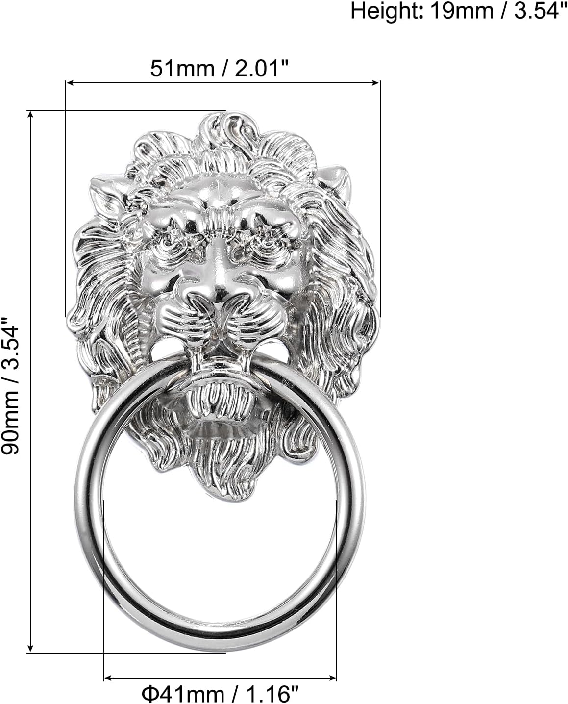uxcell 8 Pcs Lion Head Pulls Knob, 3.54" x 2" Zinc Alloy Vintage Lion Door Handle Decorative Front Door Knob Ring Pull Handle for Gate Cabinets Drawers, Silver