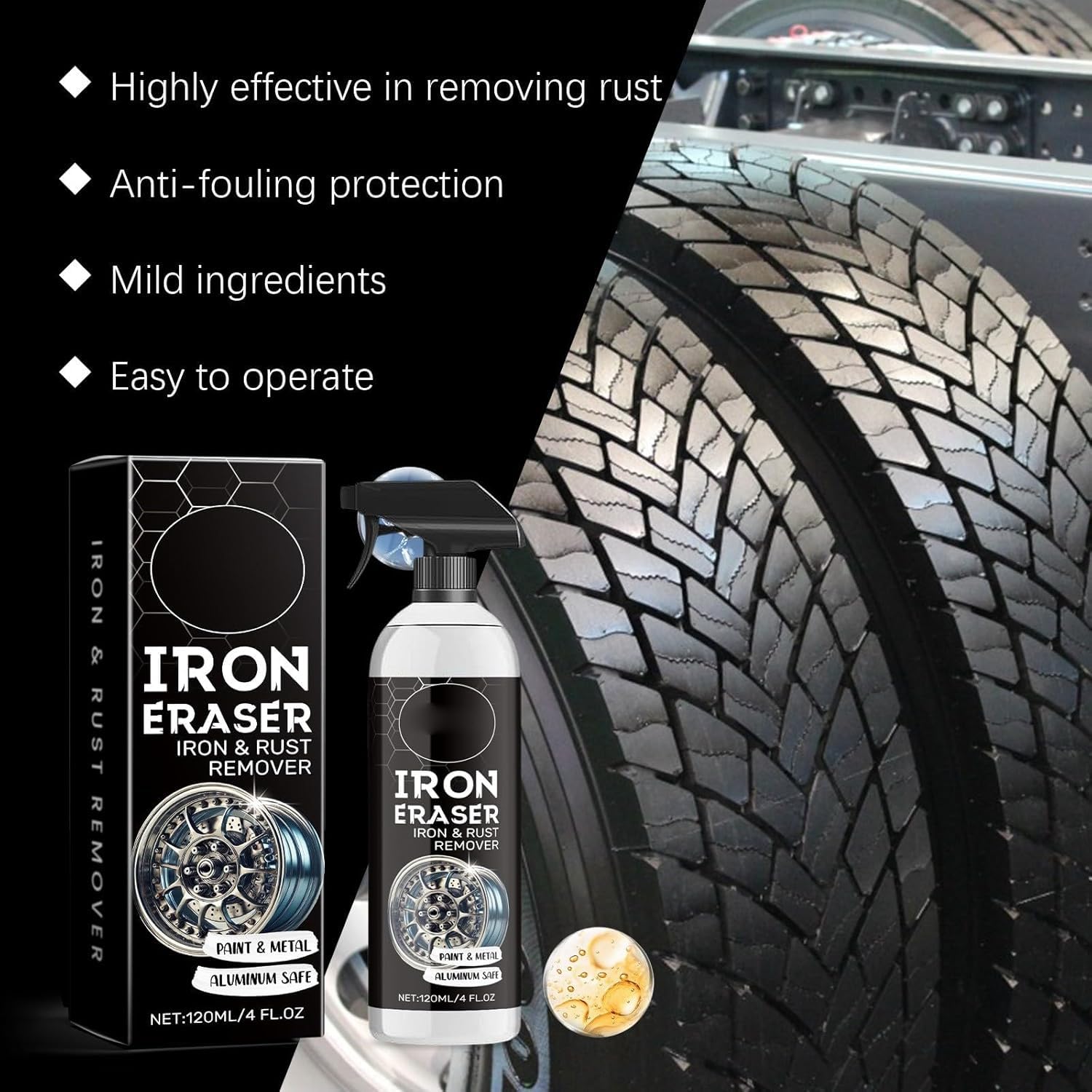 Generico Iron Eraser Spray Rimuovi Ruggine, Spray Rimuovi Polvere di Ferro per Cerchi Auto E Superfici Metalliche, Detergente per Polvere Freni E Cerchi, Spray per Pulizia Auto, 120 Ml (3pcs)