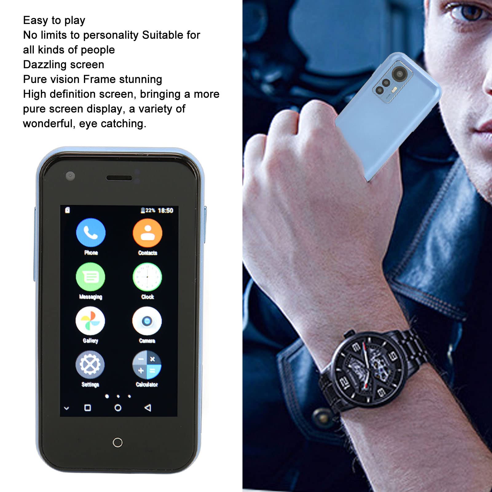 Mini Smartfon D18 3G, 2,5 Cala 1 GB RAM 8 GB ROM Czterordzeniowy Telefon Komórkowy, Przednia Kamera 0,3 MP i Tylna Kamera 2 MP, Bateria 1580 MAh, Telefon Komórkowy Dual SIM Wifi dla Dzieci (Jasnoniebieski Szary)