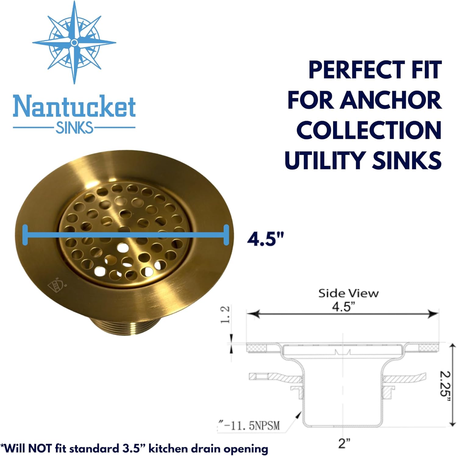 Nantucket Sinks Sink Drain – with 3" Flat Grid Strainer & Rubber Stopper, for Utility, Laundry, Bathroom Sink, Satin Brass Finish, Debris & Hair Catcher 3CHGRSB