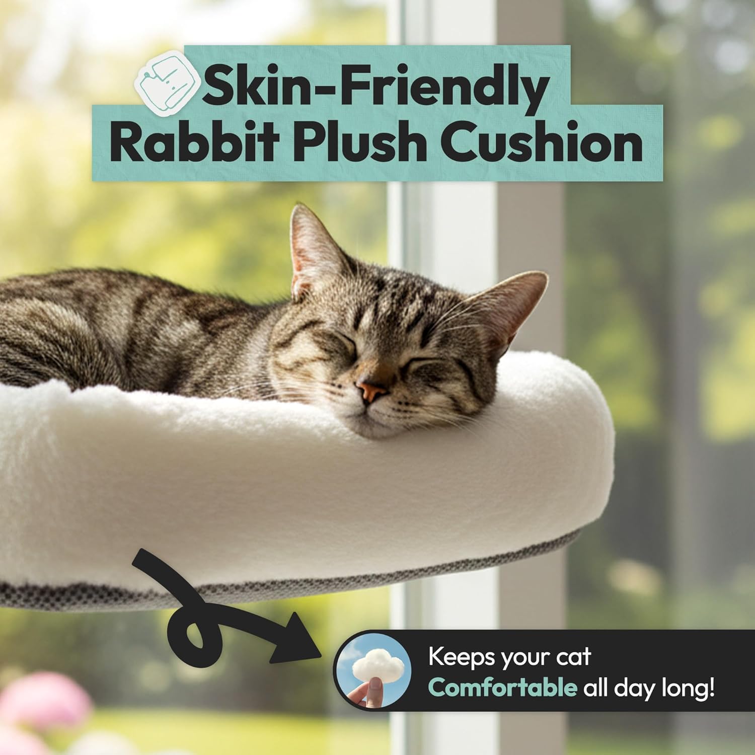 Cordless Cat Window Perch, Foldable Cat Window Hammock, 4 Strong Suction Cups, Solid Metal Frame, Patented Hook Design, Cushion White, L