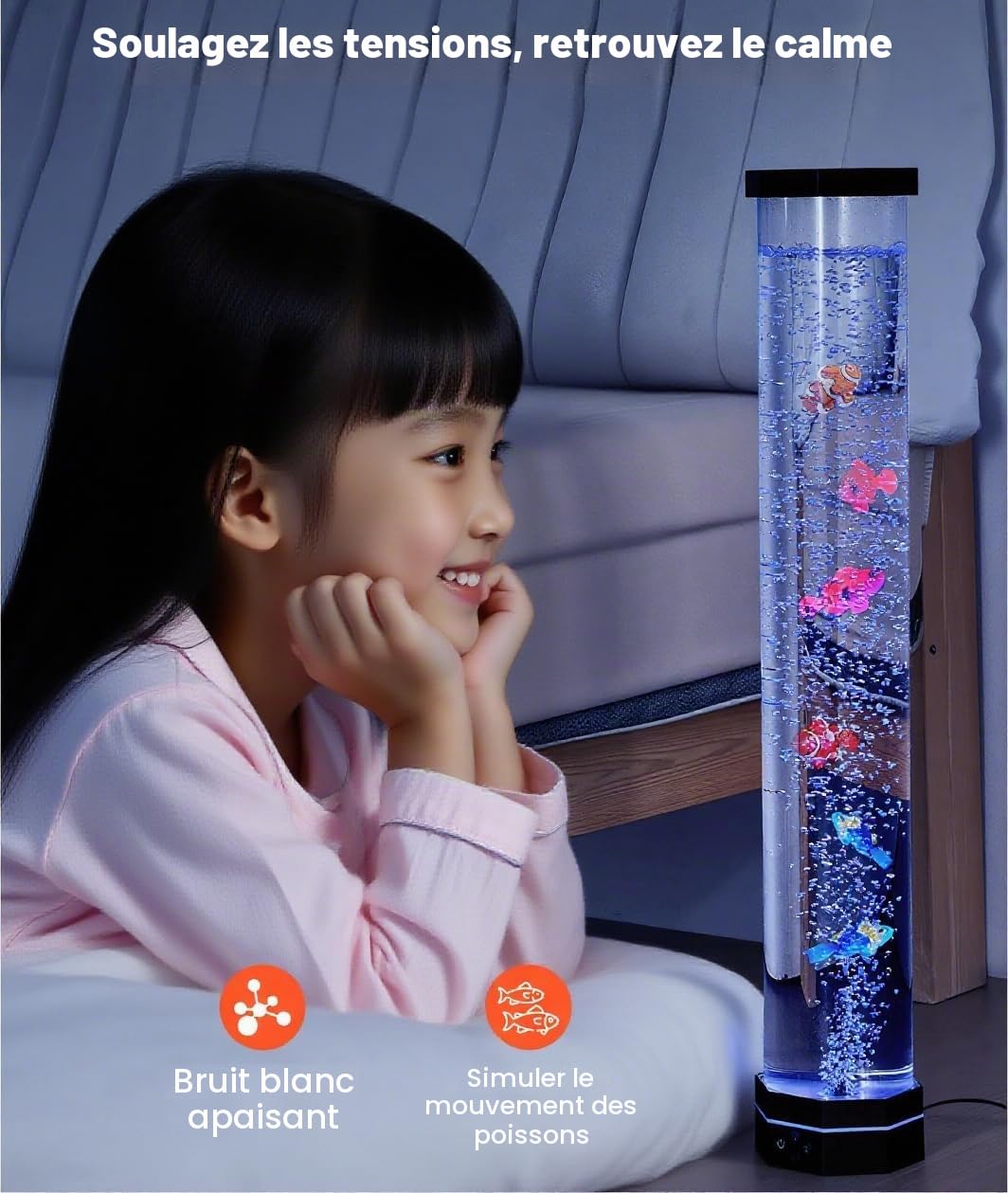 Lampe octogonale extra large de 81,3 cm pour aquarium – Tube sensoriel Jumbo de 12,7 cm de large avec 5 poissons et requins mignons, base stable de 14 cm avec LED bleu moderne, veilleuse à 16 couleurs