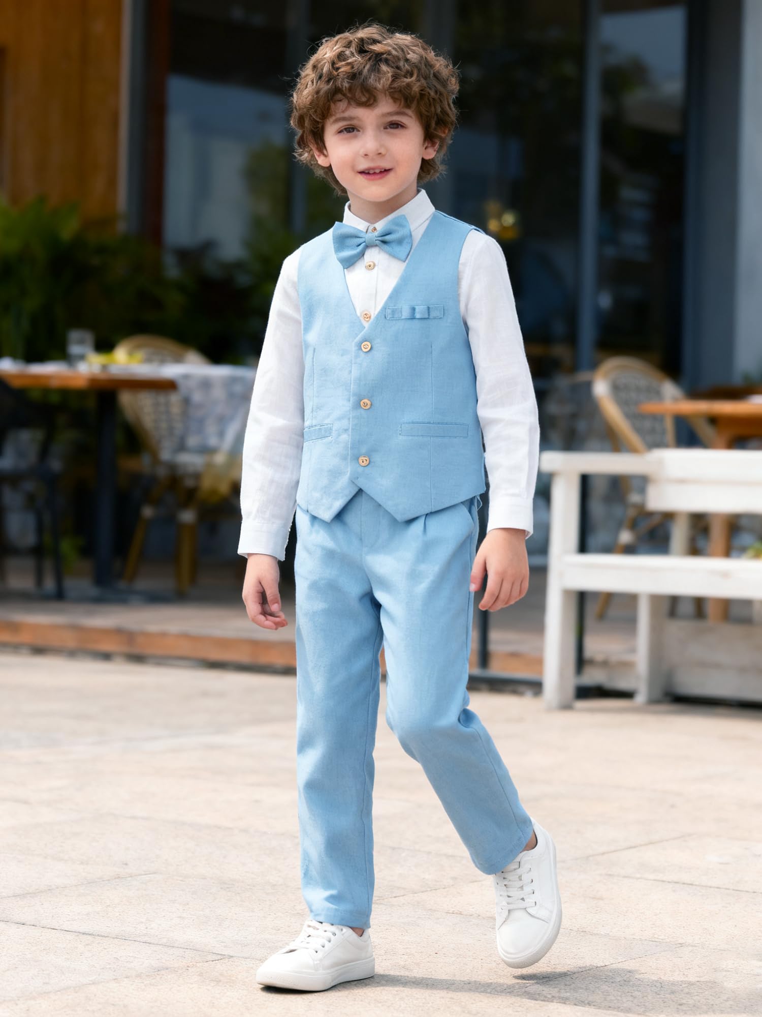 LOLANTA Jungen Leinenanzug Kleid Kleidung Kinder Abschlussfeier Hochzeit Outfit 4-teiliges Hemd Weste Hosen Set mit Fliege