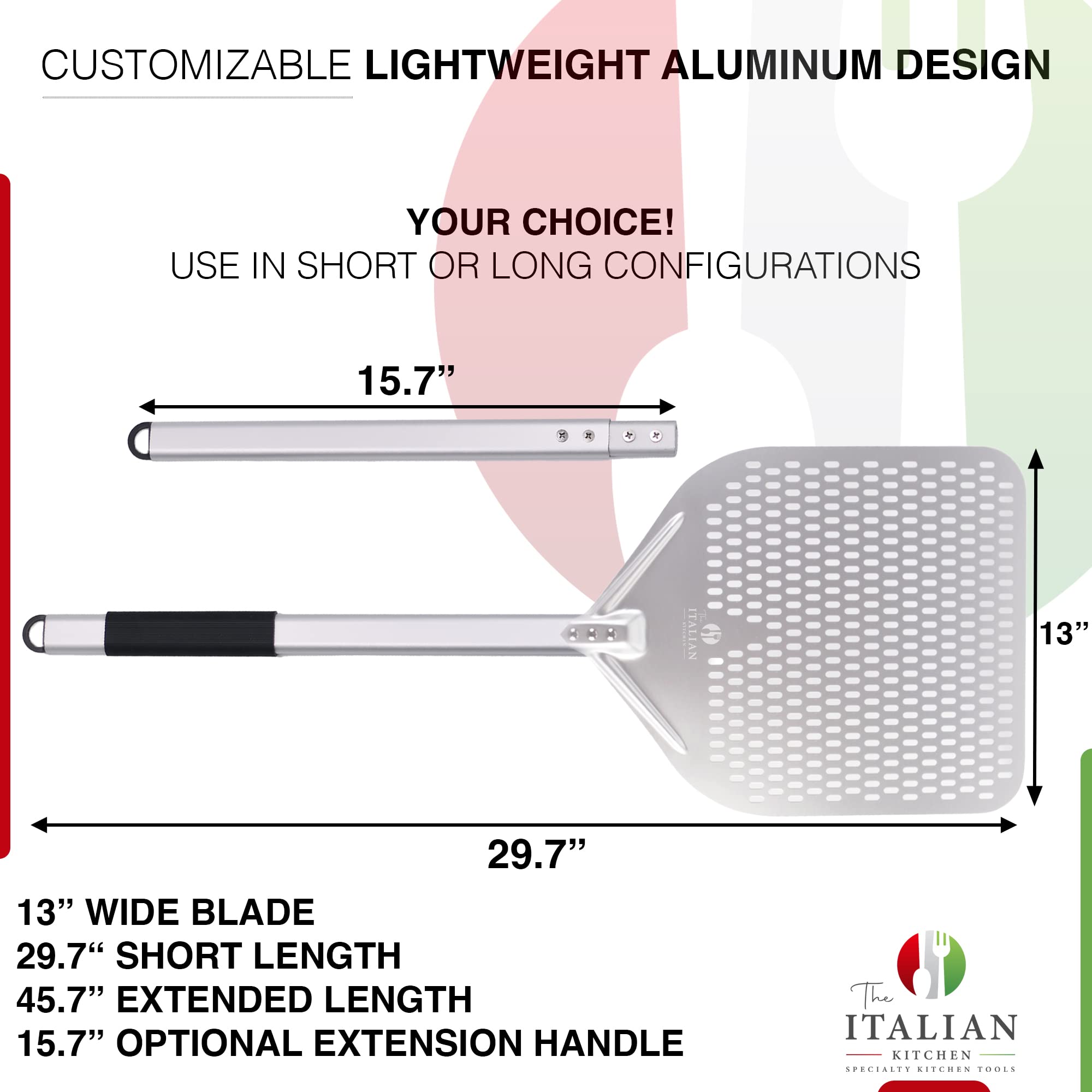 The Italian Kitchen - Pala perforada para pizza de 33 cm con mango ajustable extendido de 116 cm o 75,4 cm de longitud, pala profesional de metal para pizza de 33 x 42,4 cm