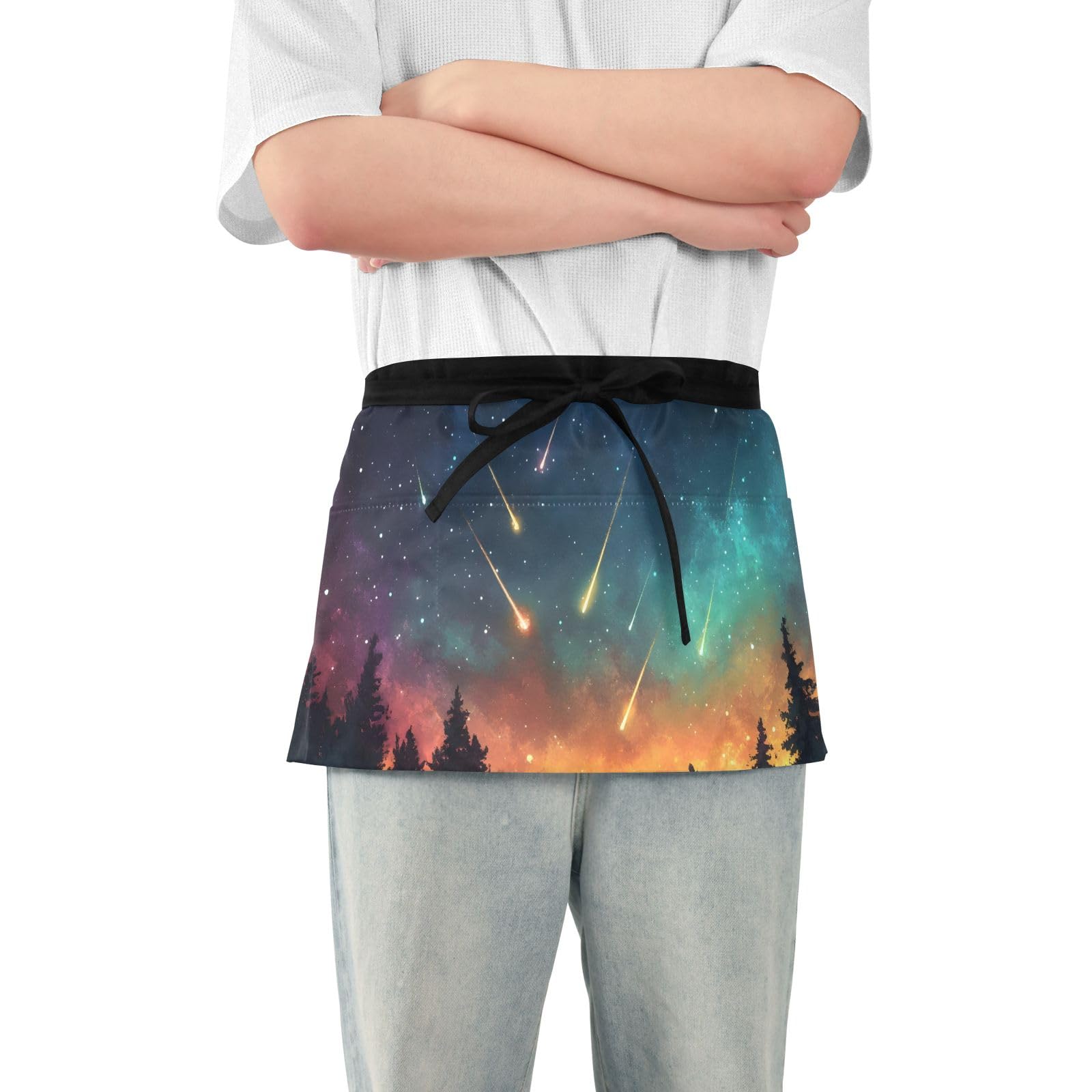 ODAWA Night Sky Aurora Short Apron with 3 Pockets Waterproof Apron for Men