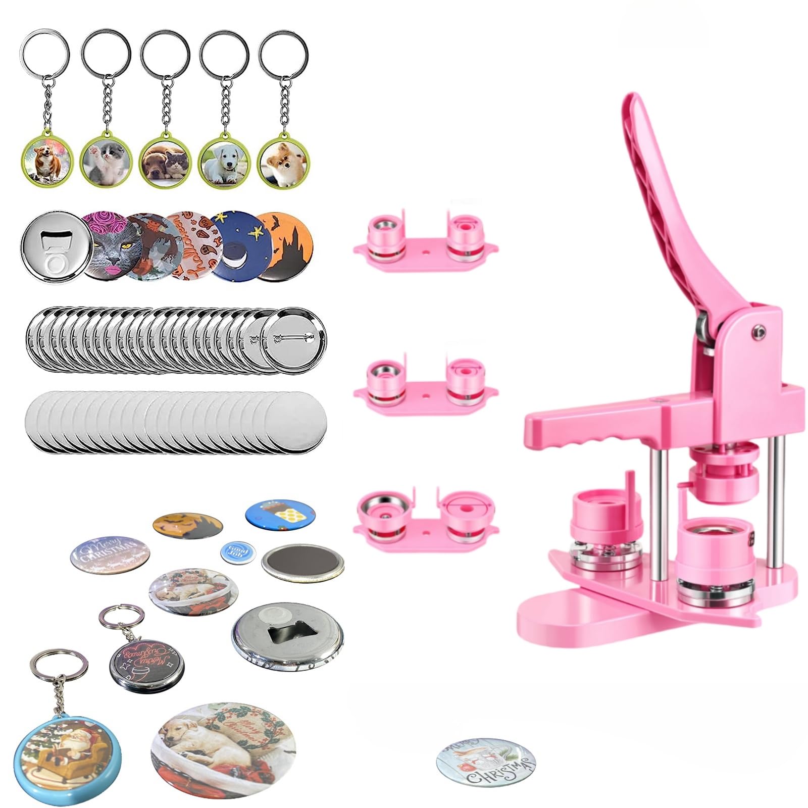 Button Making Supplies Button Machine 1''+1.25''+2.25'' + 300 Metal Pin Button+50 Keychain+50 Magnetic Bottle Opener+3 Circle Cutter
