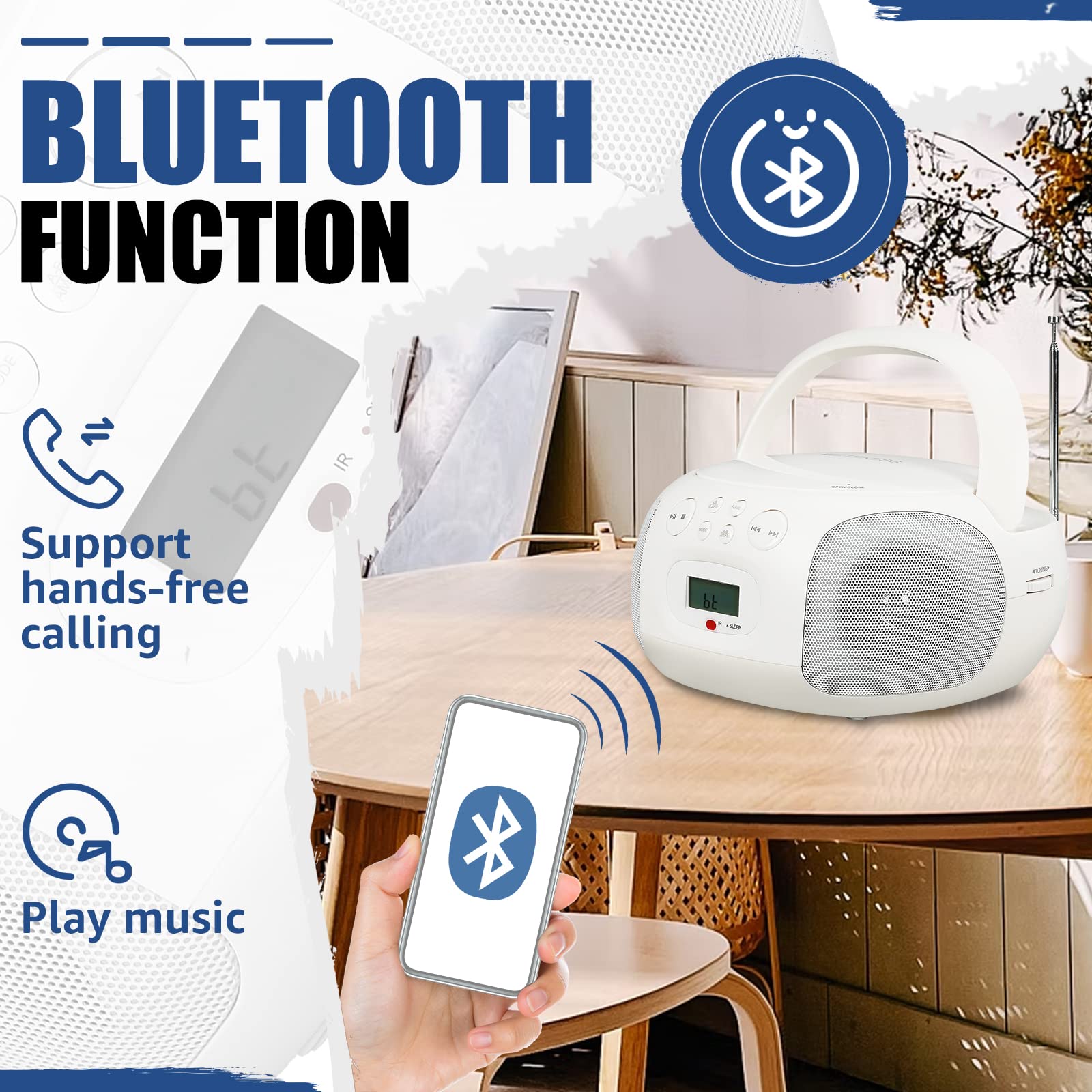 Retekess TR636 Player Portable CD,Boombox Bluetooth,Radio FM Am, USB AUX,Se Puede Cargar,Operación Simple,Adecuada para niños y Ancianos (Blanco)