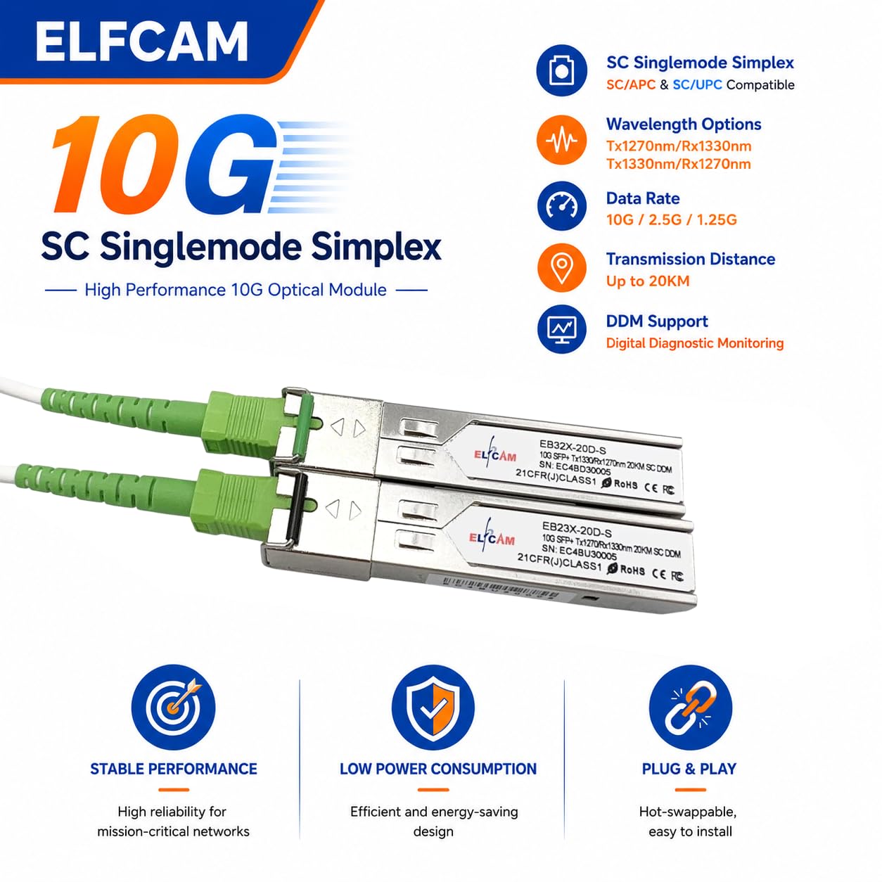 Elfcam - 1 Paire 10G SFP+ BIDI Module de Transceiver avec la Fibre Port SC Simplex Monomode, Prise en Charge 10Go/2,5Go/1,25Go, Compatible avec Cisco et Commutateur Ouvert, DDM 20km