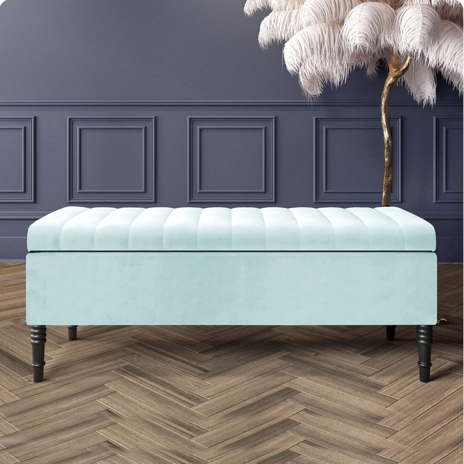 Paris Velvet Ottoman Storage Bench with Legs, End of Bed Blanket Box with Extra Deep Hidden Storage & Hinged Lid, Upholstered Ottoman Storage Box, Shoe Storage Ottoman, Padded Entryway Seat