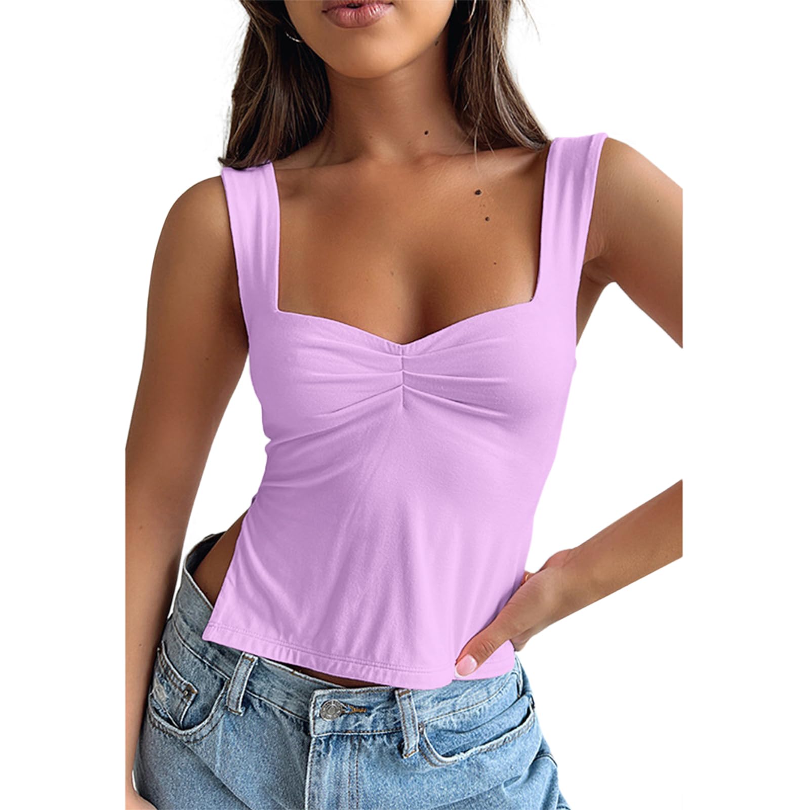 GTETKDE Women's Sexy Sleeveless Skinny Crop Tank Tops Strappy Slits Pleated Bustier Sweetheart Neck Backless Y2K Cropped Cami