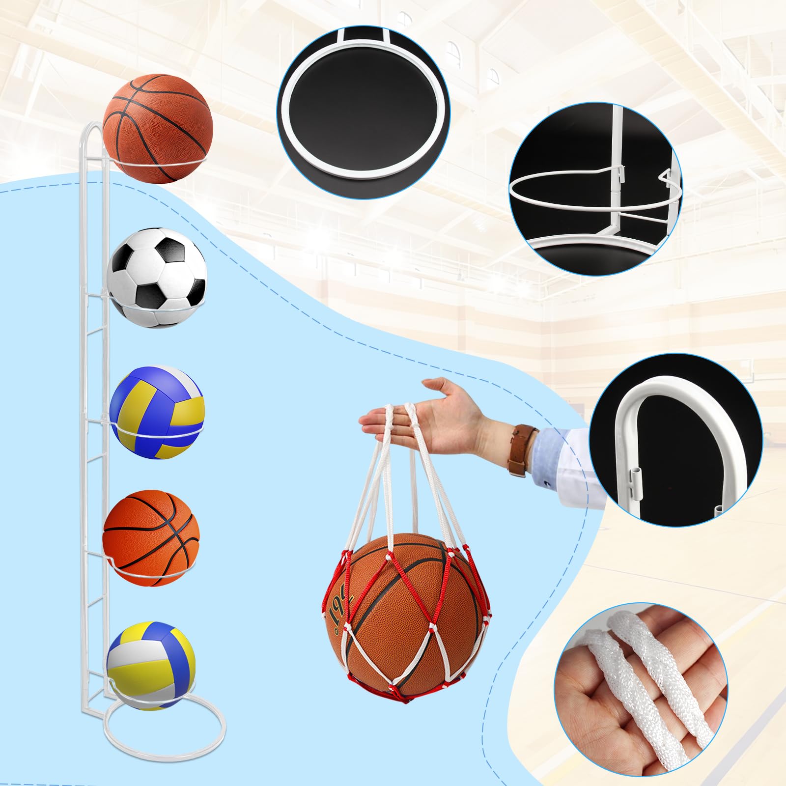Soporte Balón Fútbol 5 Niveles Vertical con Bolsillo Malla Almacenamiento Hierro Extraíble Estable Baloncesto Fútbol Voleibol
