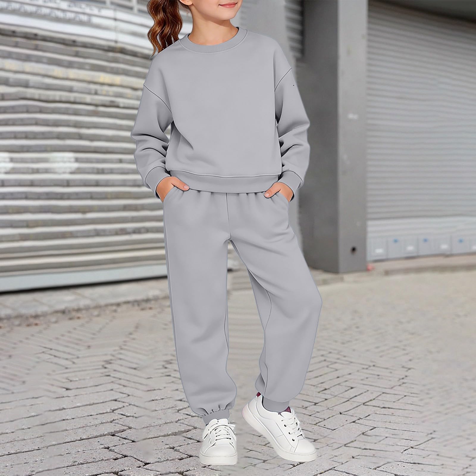 WINWUQB - Conjunto de chándal de cuello redondo para niñas, 2 piezas | Acogedor traje deportivo escolar con capucha, pantalones, vacaciones, otoño, invierno, informal, para niños