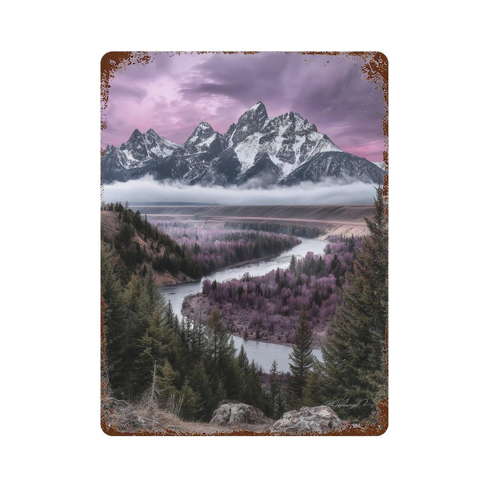 Mountain River Landscape -1 Rustic Tin Plaque 15.7"x11.8", Vintage Wall Decor for Garage, Pub Or Kitchen