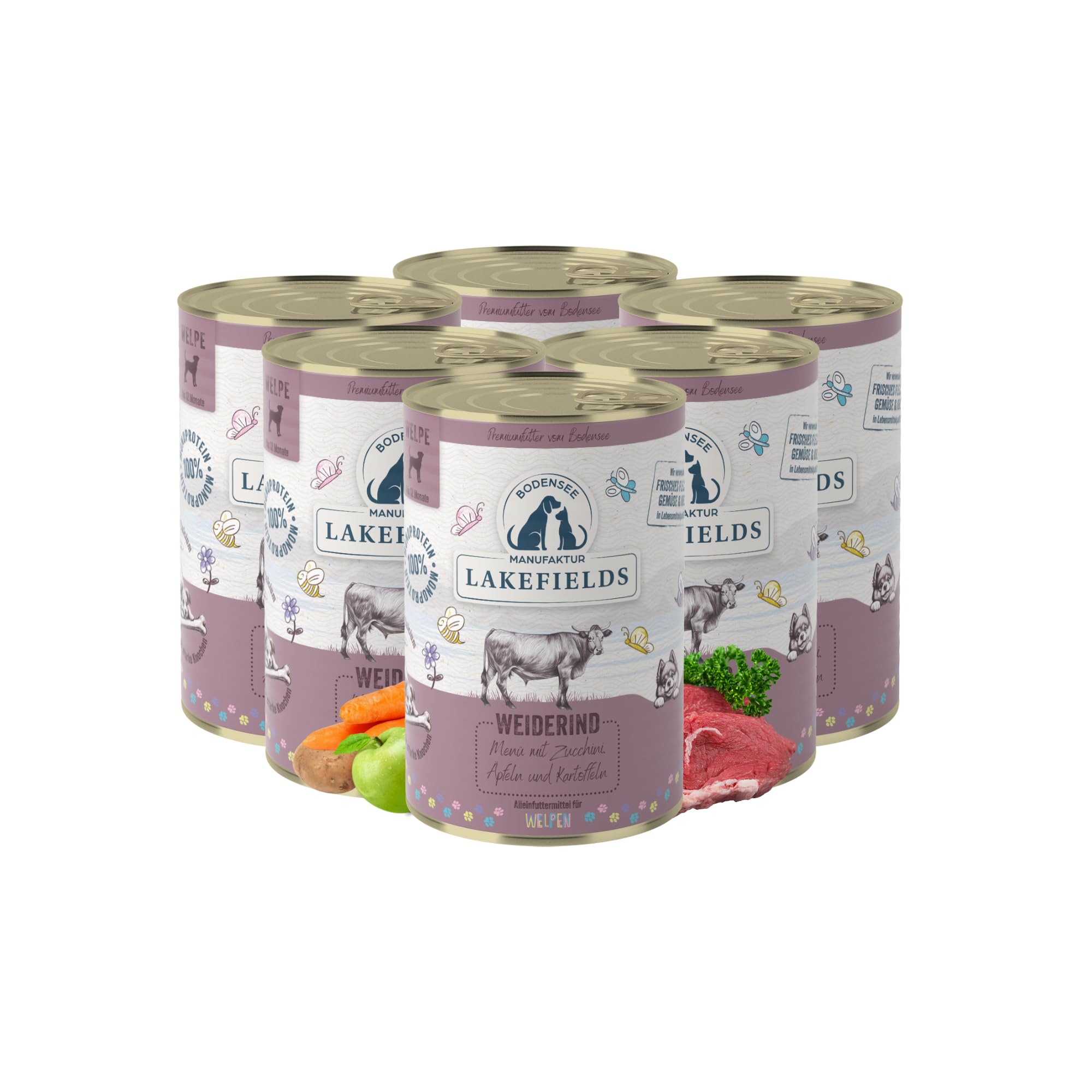 Lakefields Premium Welpenfutter Nass | Rind 61% | 6 x 400g | Getreidefreies Hundefutter für Welpen | Natürliche Zutaten in Lebensmittelqualität | Äpfel, Zucchini & Karotten | Schonend gegart