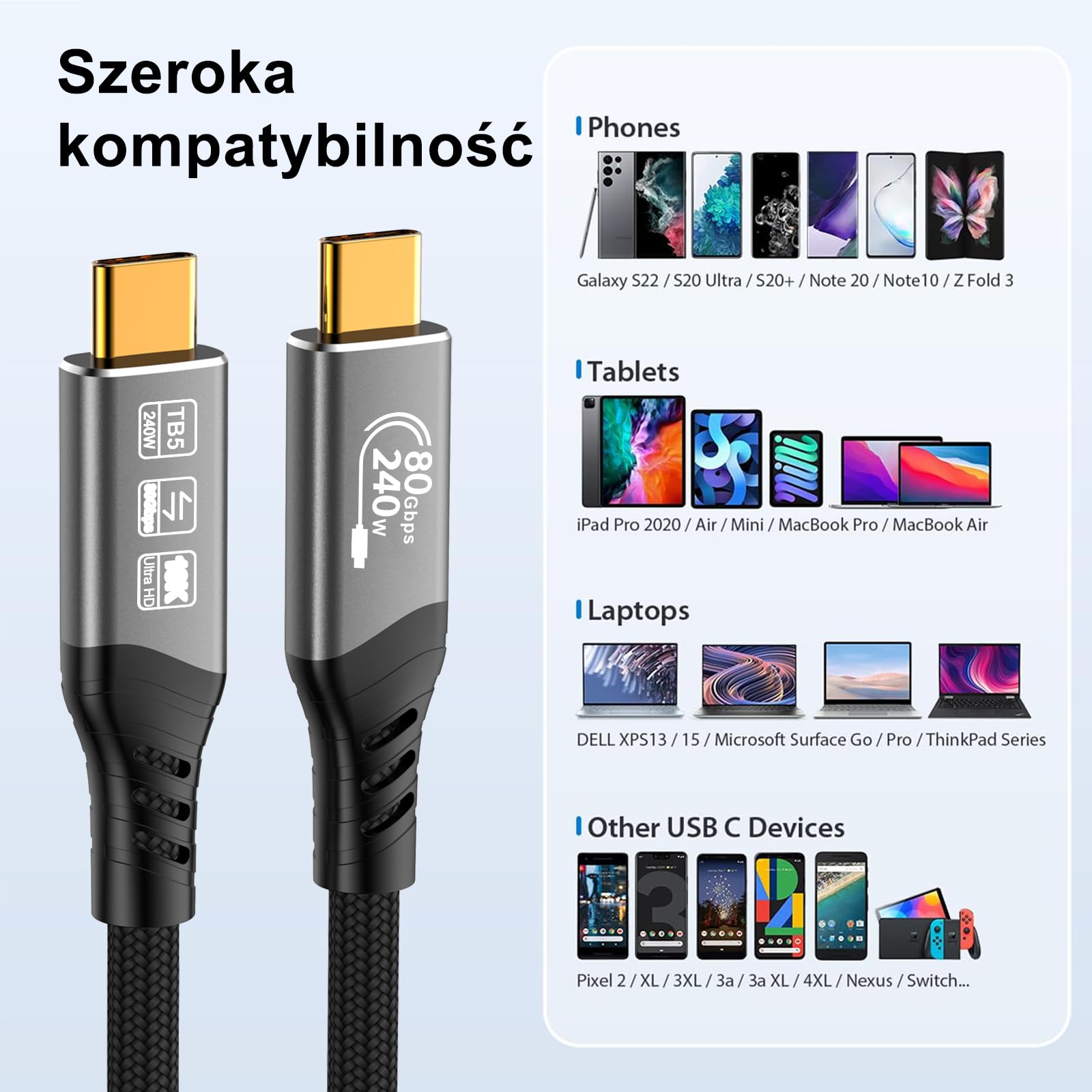 USB C Thunderbolt 5 Kabel 80Gbps 3m, przepustowość wideo 120Gbps, PD 3.1 240W, wideo 16K@30Hz 8K@60Hz, 12-bitowa głębia kolorów Kompatybilny z Mac mini M4 Pro, Thunderbolt 4, SSD, eGPU