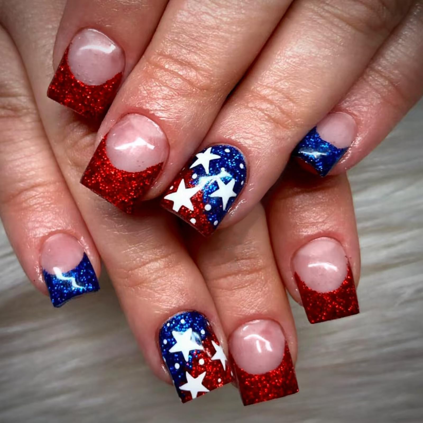 4th of July Press on Nails Short Square Fake Nails Red Blue Glue on Nails French Tip False Nails with Star Glitter Designs Independence Day Acrylic
