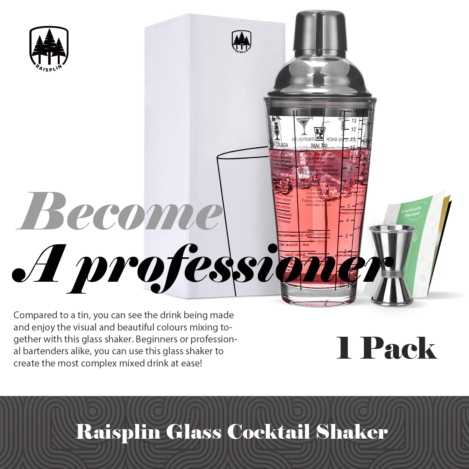 Coctelera de cristal con recetas en el lateral, 14 onzas de cristal Martini Mocktail con jigger de doble cara, tapa de acero metálico a prueba de fugas y colador para tequila, whisky y 6