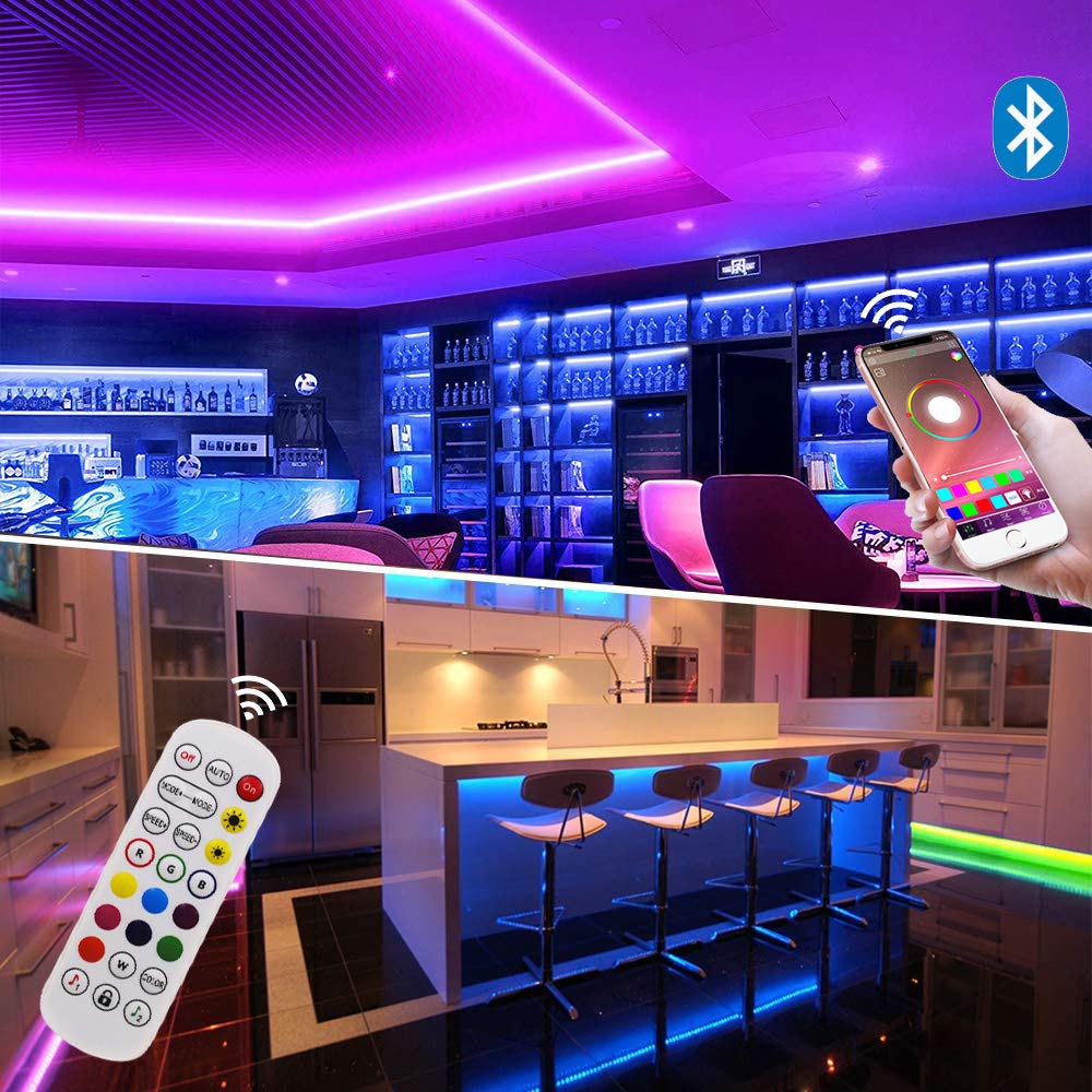 XUNATA Kit de Tira de LED RGB de Música y Bluetooth de 12 V- Tira de Luz Autoadhesiva SMD 5050 30LEDs/m, Control Remoto, Fuente de Alimentación (20m, Impermeable)