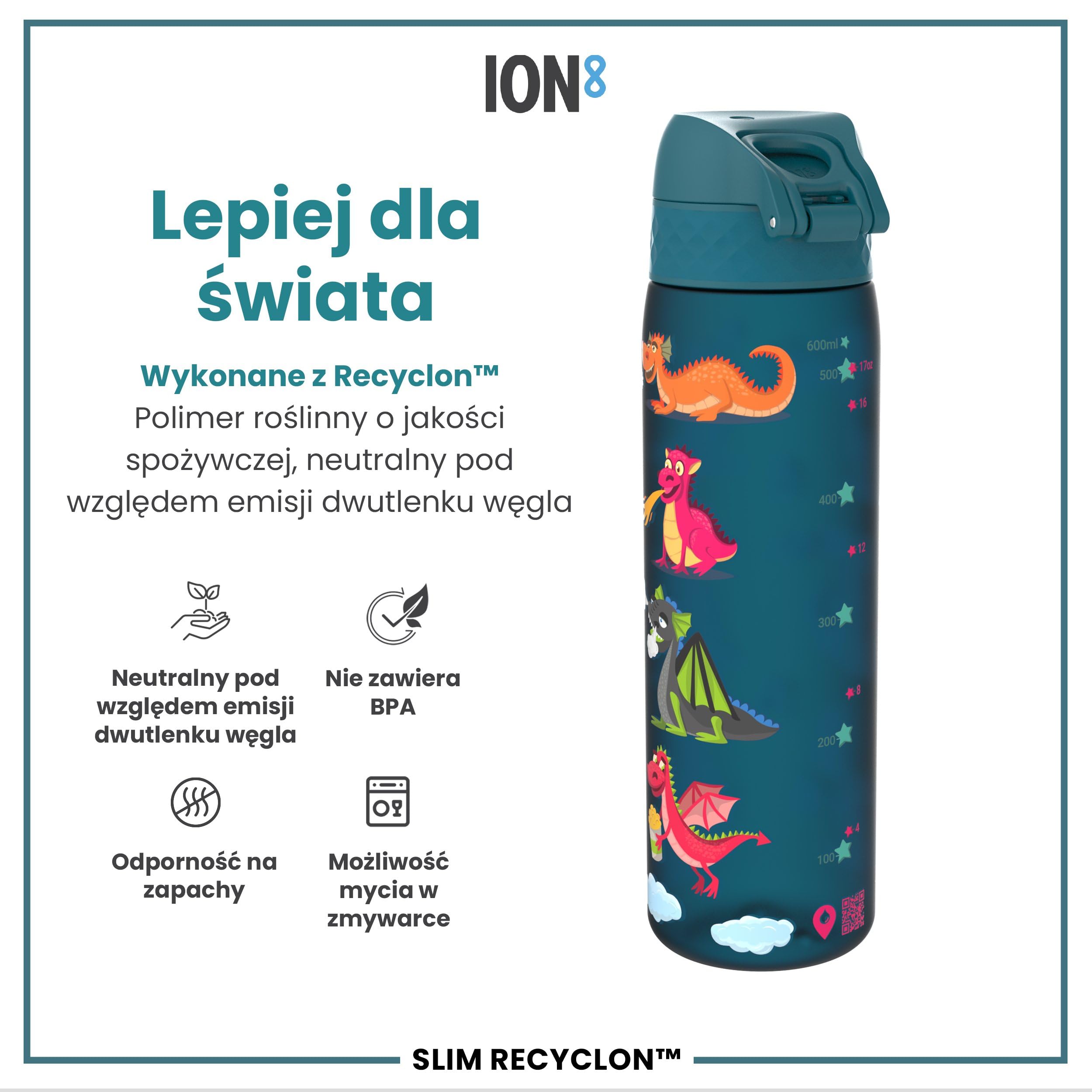 ION8 Butelka na Wodę, 500 ml/18 oz, Szczelna, Łatwe Otwieranie, Bezpieczny Zamek, Można Myć w Zmywarce, Bez BPA, Higieniczne Pokrycie, Uchwyt do Przenoszenia, Łatwa Czyszczenie, Bezwonny, Smoki