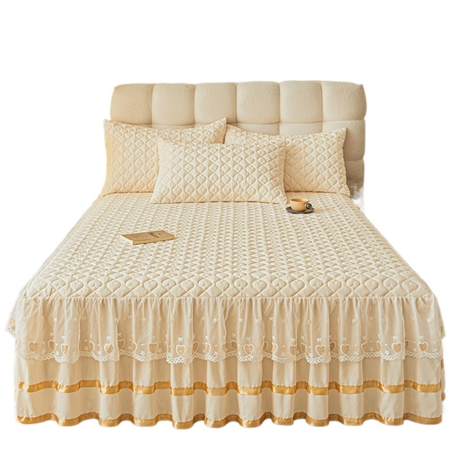 Ruffled Bed Skirt Simple Style Bed Skirt Single/Queen/King Size Bedspread Ruffles Cover Home Quilted Linen (No Pillowcase)(B,King 180x200cm 1pc)
