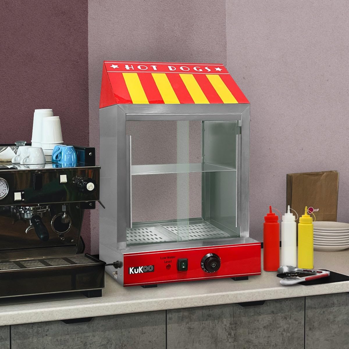 KuKoo - Sfornatore per Hot Dog Elettrico in Acciaio Inox, Scaldavivande Commerciale con Porte in Vetro Scorrevoli, Ripiano Solido Rimovibile, 2 Vassoi Grattugia, Termostato Regolabile da 30 °C a 110 °