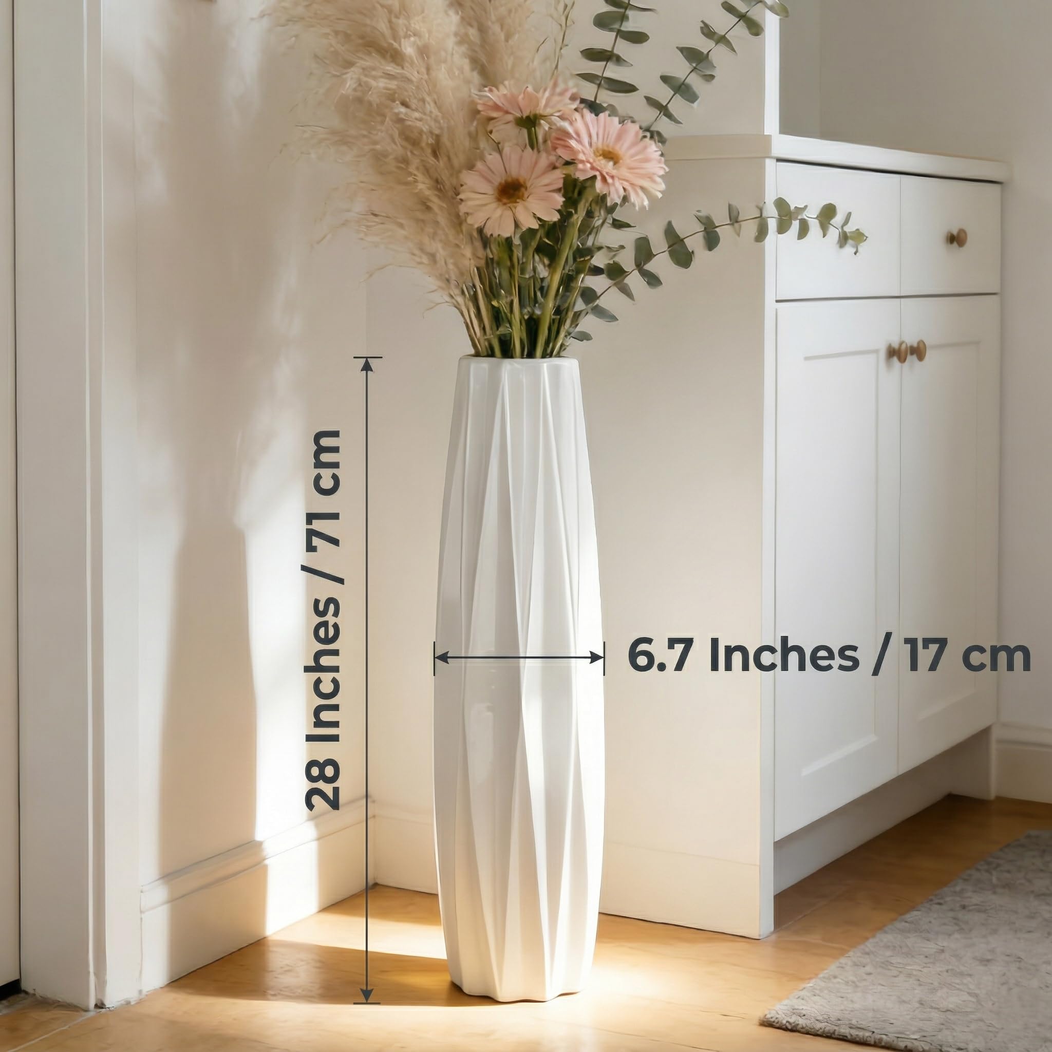 Moderne Weiße Keramik Bodenvase 71cm,Große Vase für Blumen, Stilvolle Dekoration für Wohnzimmer, Büro, Schlafzimmer, Minimalistisches Design