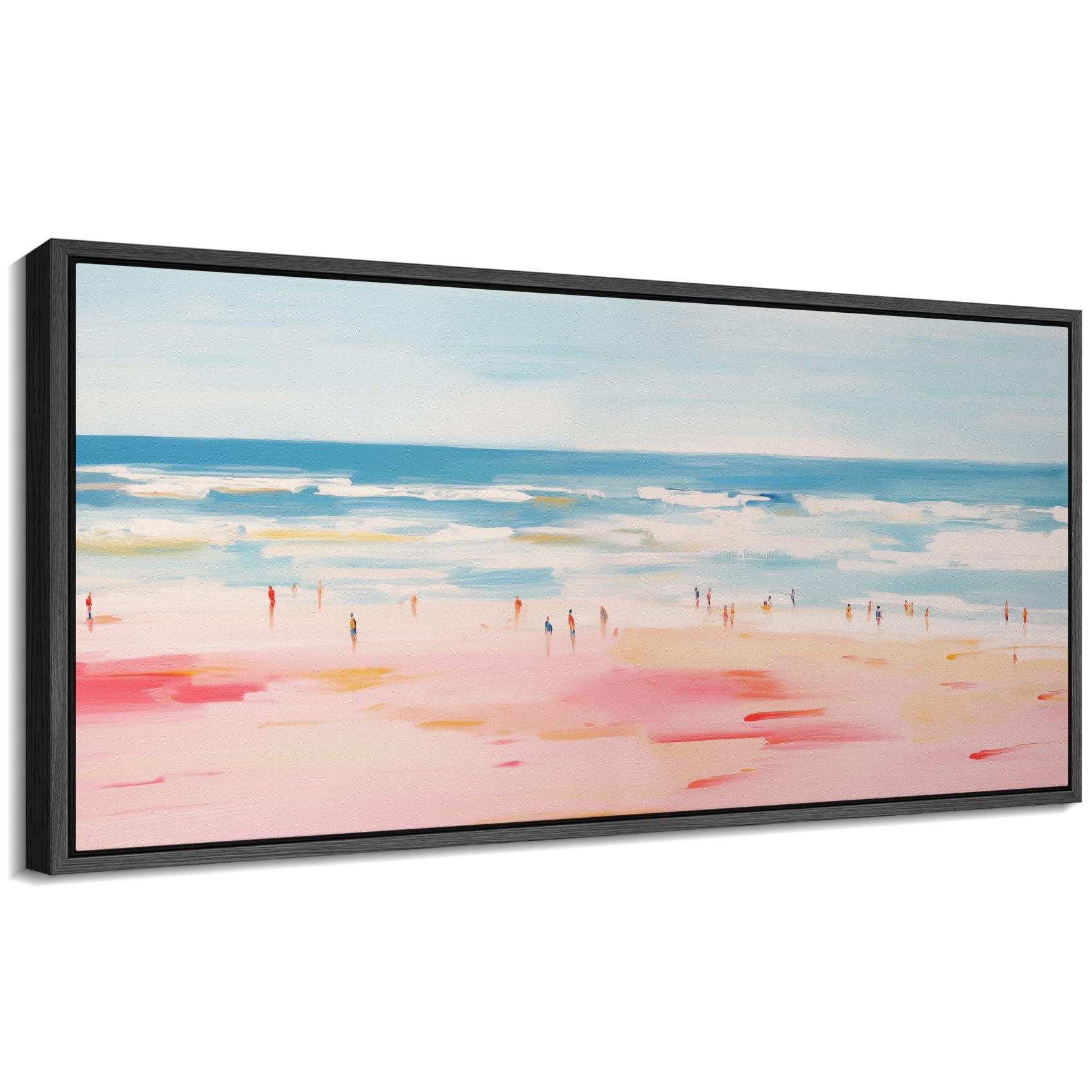 MUDECOR Extra Large Framed Canvas Print Wall Art Colorful Beach Day Playful Impressionist Ocean Scene Antique Retro Ready to Hang Painting for Living Room Bedroom Multi-Sizes - 60"x30"