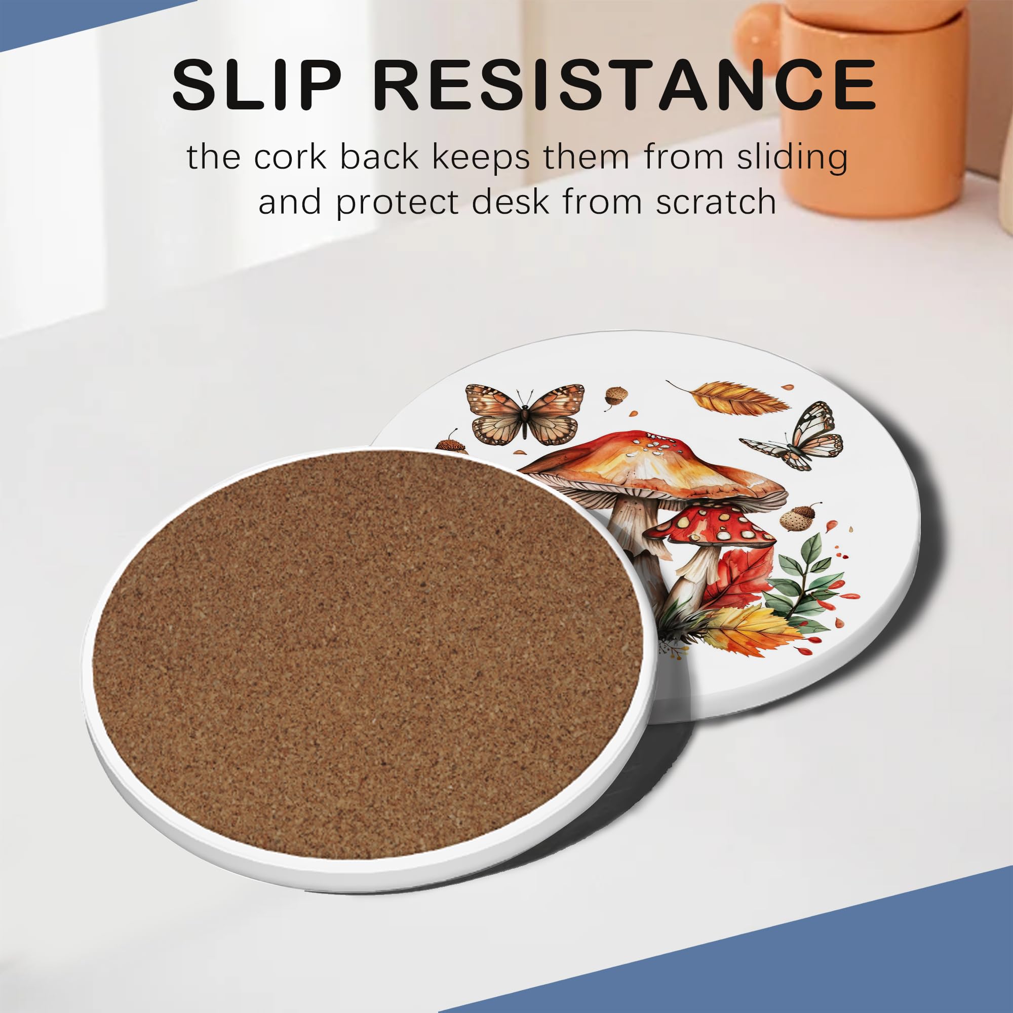 Cute Mushroom Drink Coasters with Holder,Ceramic Coasters for Tables Cork Backed Drink Mats for Coffee/Wine,Kitchen & Office Accessories - Image 2