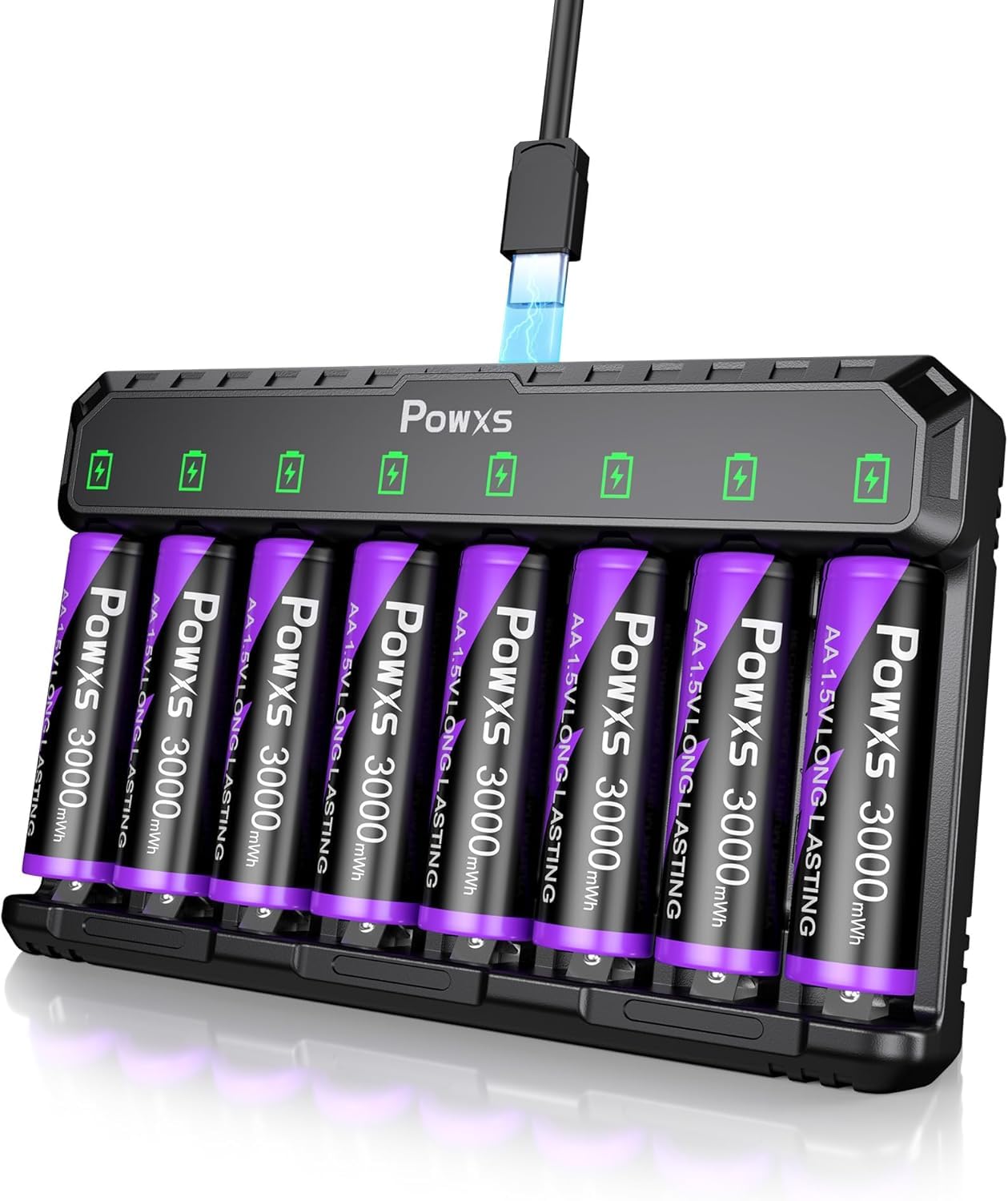 POWXS 1.5V Lithium Akku AA 8-Pack 2000 Zyklen & Stahlgehäuse, 3000mWh,mit USB Schnelladegerät, Kompatibel AA/AAA für Spielgeräte & Blink-Kameras