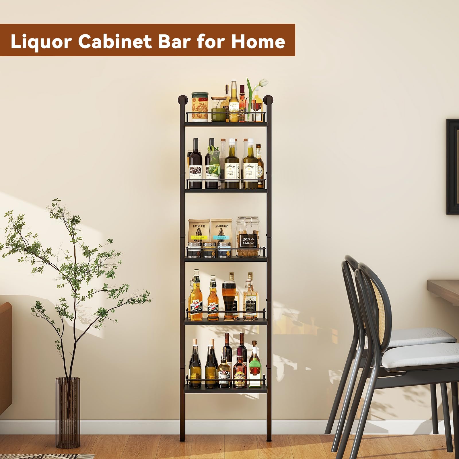 YMYNY 5-Tier freistehende Weinregale, Liquor Flasche Display Regal mit Zäunen, Wand montierte schwimmende Regal Lagerstand für Küche, Esszimmer, 43 x 20 x 177 cm Schwarz HWR001B