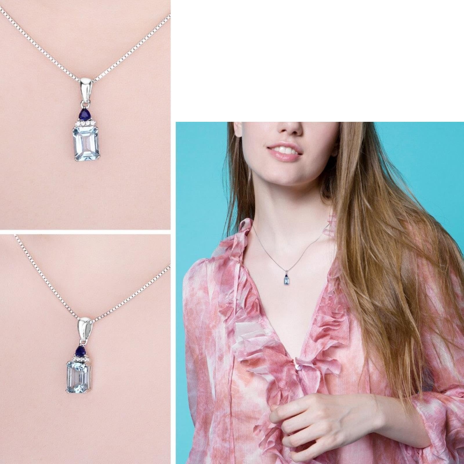 QYYZTQY 1.7CT Emerald Cut Blue Topaz erzeugt Saphir 925 Sterling Silber Pendell Halskette für