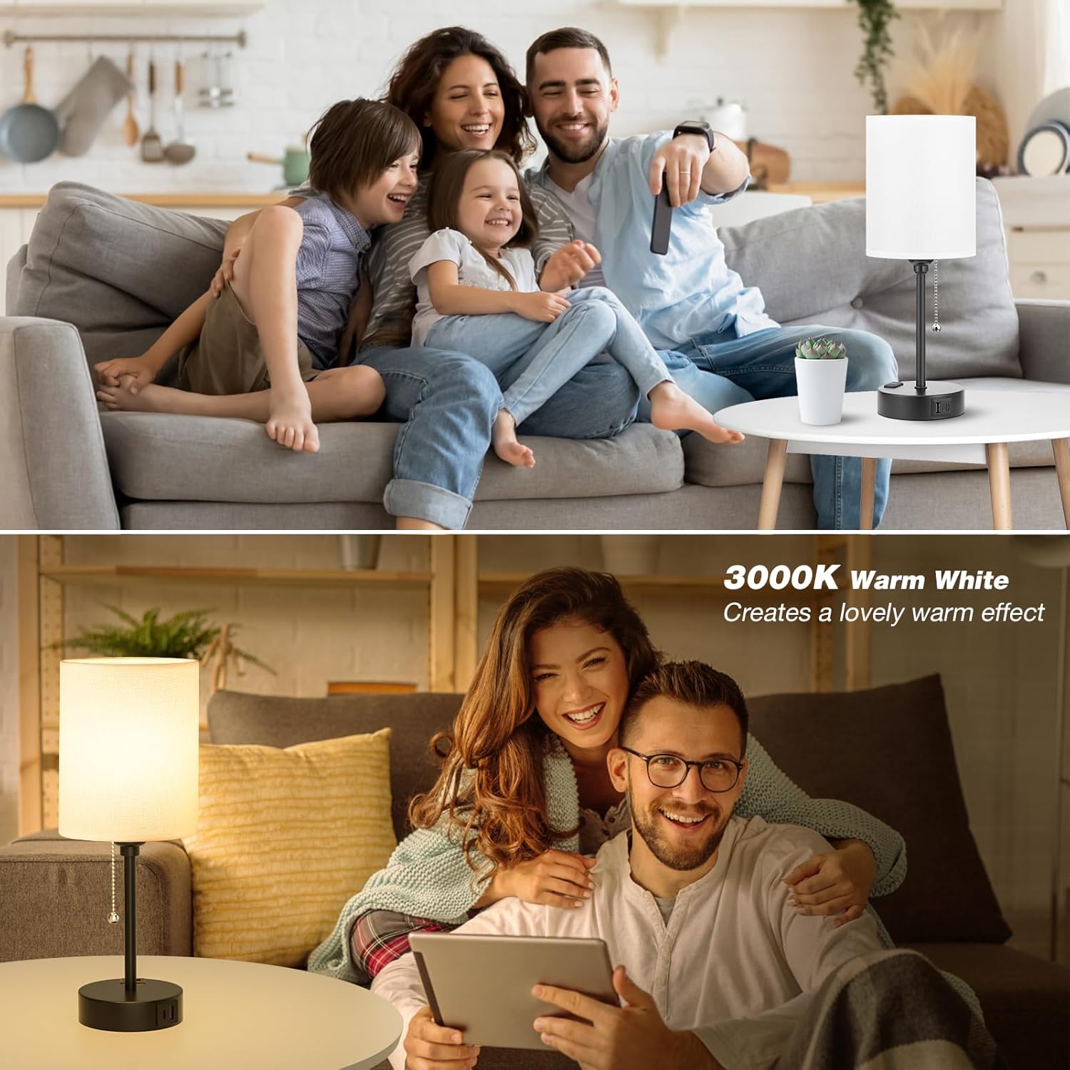 Small Bedside Table lamp for Bedroom - 3 Color Temperatures Bedside Lamps with USB C and A Ports, Pull Chain Table Lamps with AC Outlet, White Nightstand Lamps with Black Metal Base for Kids Reading 14.6in White