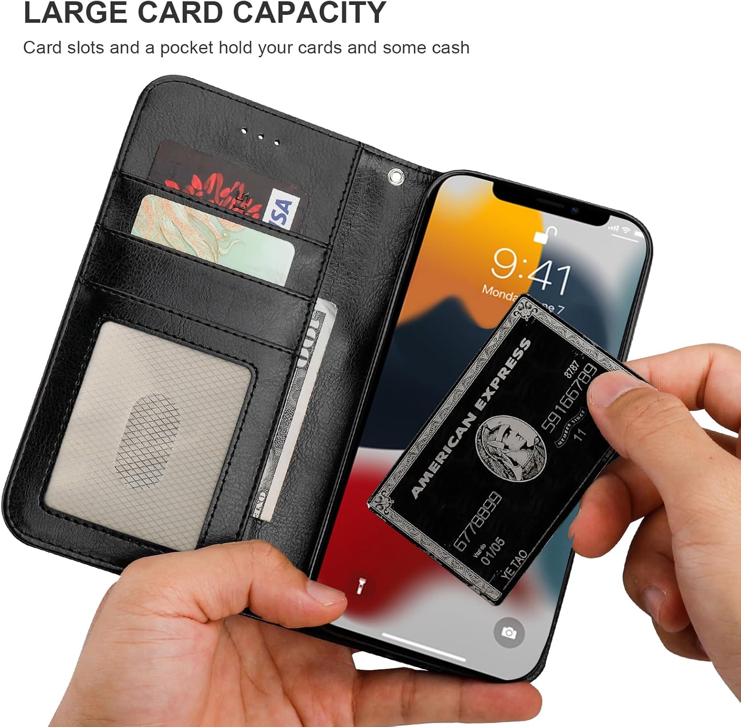 Bocasal for iPhone 13 Wallet Case Compatible with MagSafe Wireless Charging, RFID Blocking Magnetic Leather Case with Card Slots Holder Kickstand Detachable Wrist Strap 6.1 Inch (Black) - Image 5