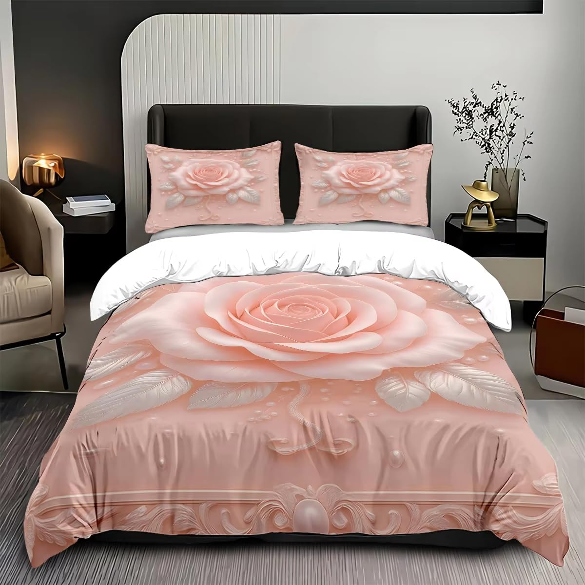 Ensemble de literie 3 pièces rose avec housse de couette et taies d'oreiller pour grand lit