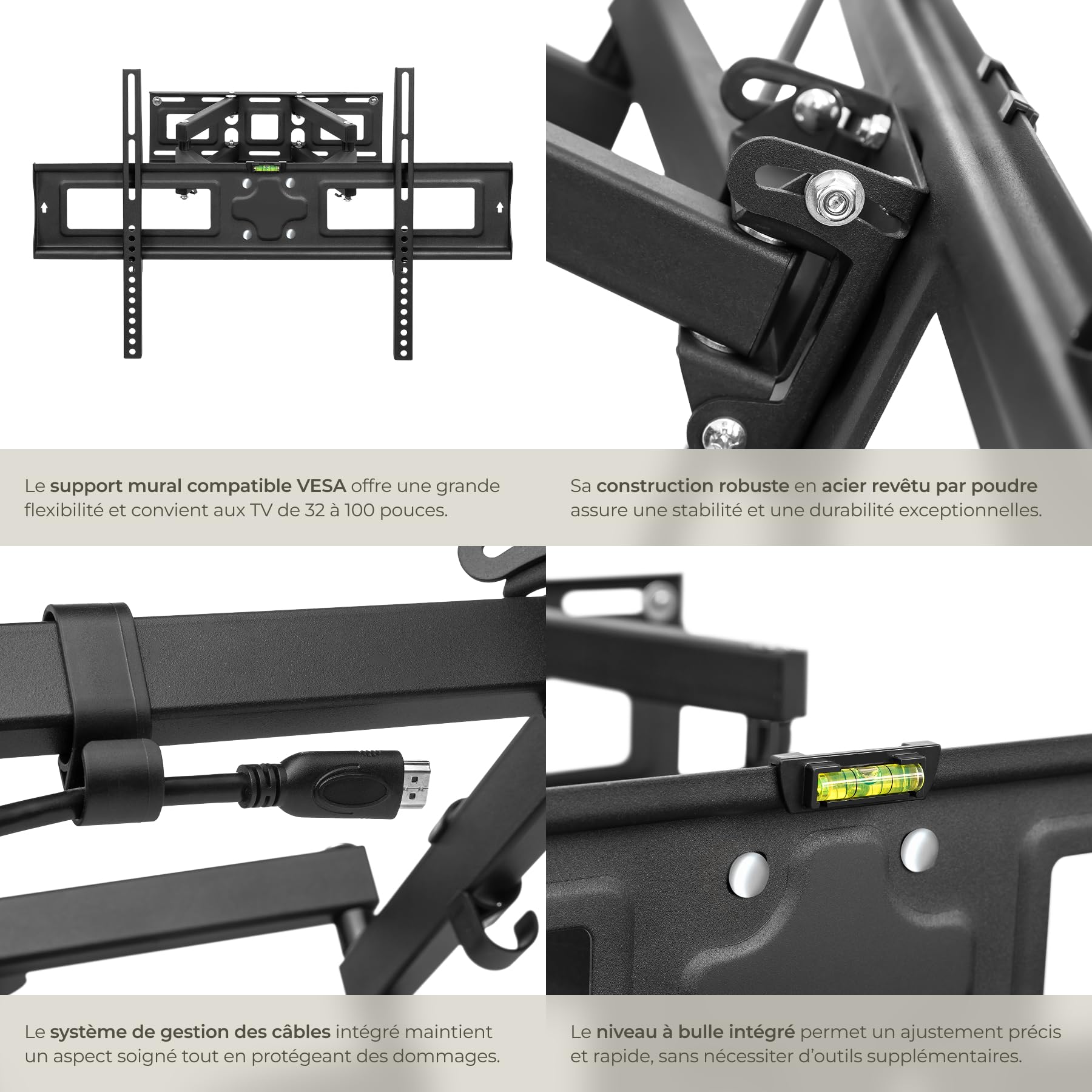 tectake® Support TV mural Téléviseurs 32"-100" (81 à 254cm) Support mural TV inclinable, orientable Accroche Television Mural, VESA max 600x400, Charge max 120kg, Support TV, Écart mur réglable 8-52cm