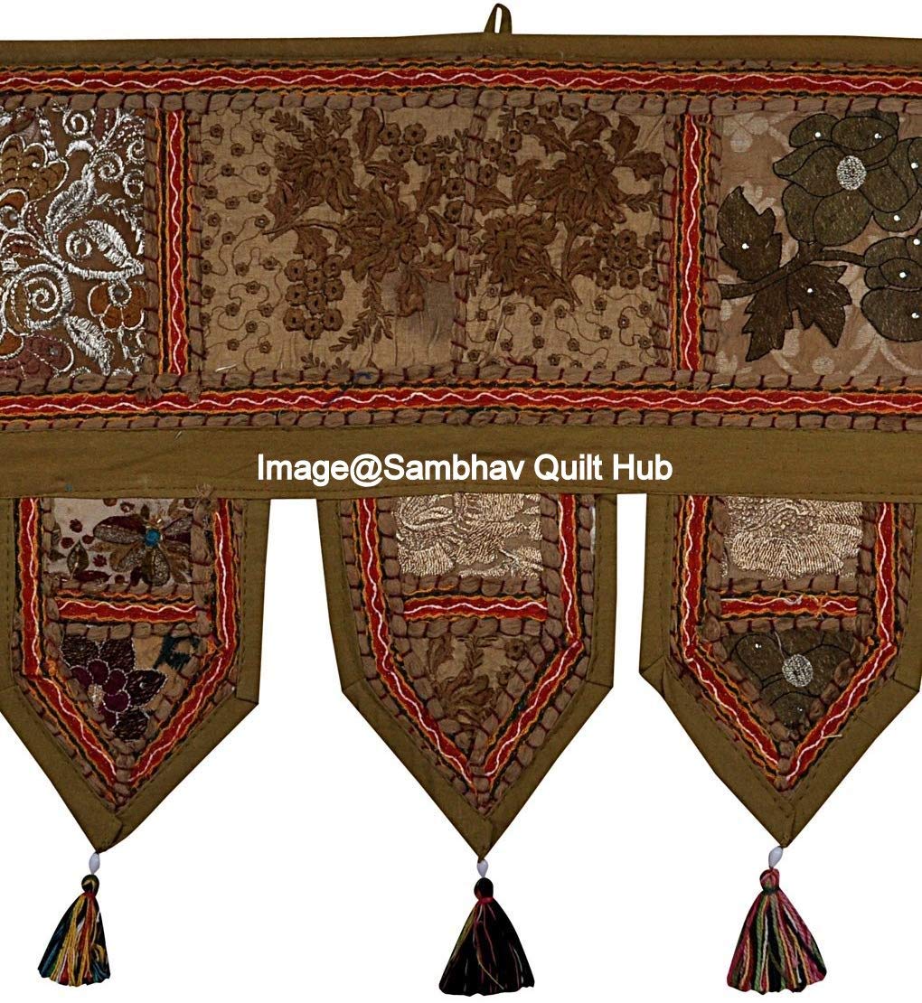 Décoration Murale Indienne Toran Patchwork Vintage Vert - 100 X 33 Cm - Coton Brodé Main, Miroirs - Bohème